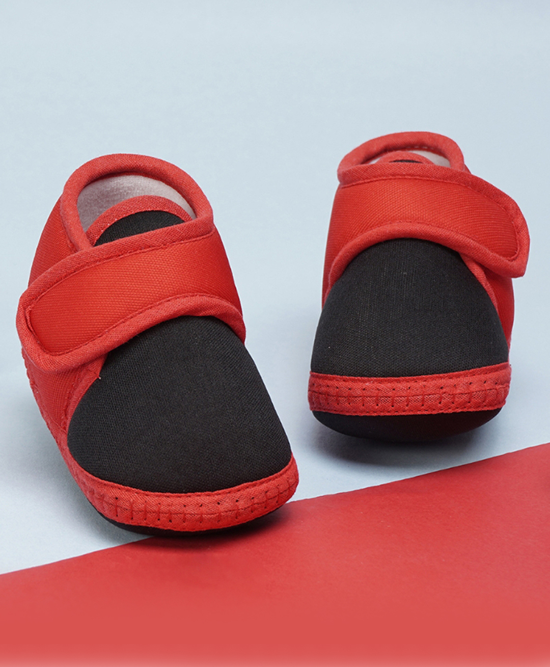 Neska Moda Colour Blocked Velcro Closure Booties - Black & Red-image-46