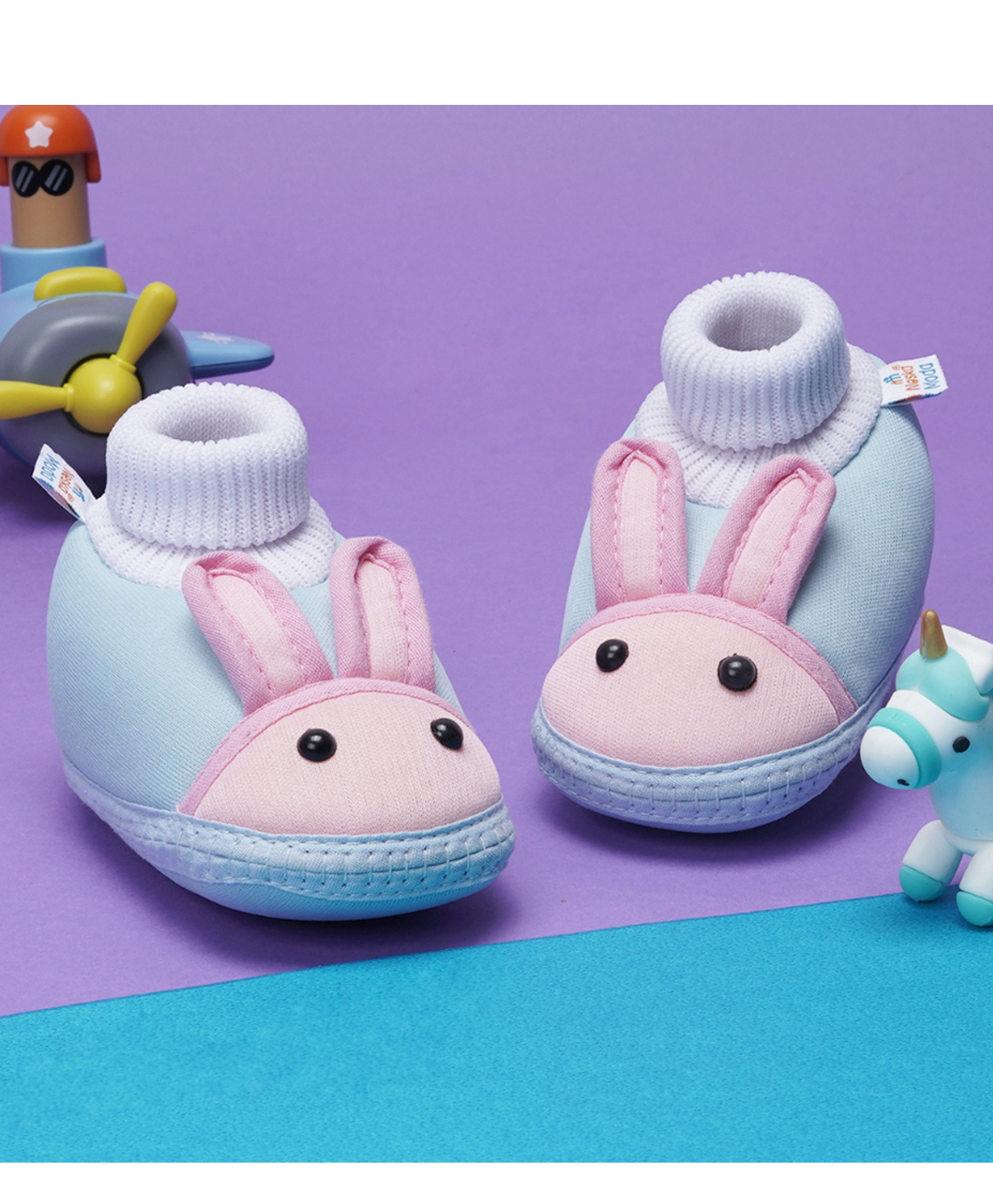Neska Moda Rabbit Face Applique Detailed Slip On Booties - Sky Blue & Peach-picture-14