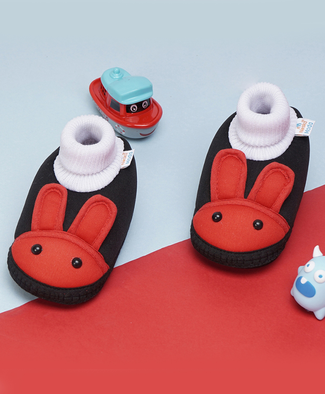 Neska Moda Rabbit Face Applique Detailed Slip On Booties - Black & Red-picture-34