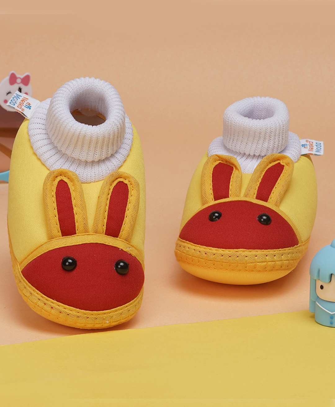 Neska Moda Rabbit Face Applique Detailed Slip On Booties - Yellow & Red-picture-2