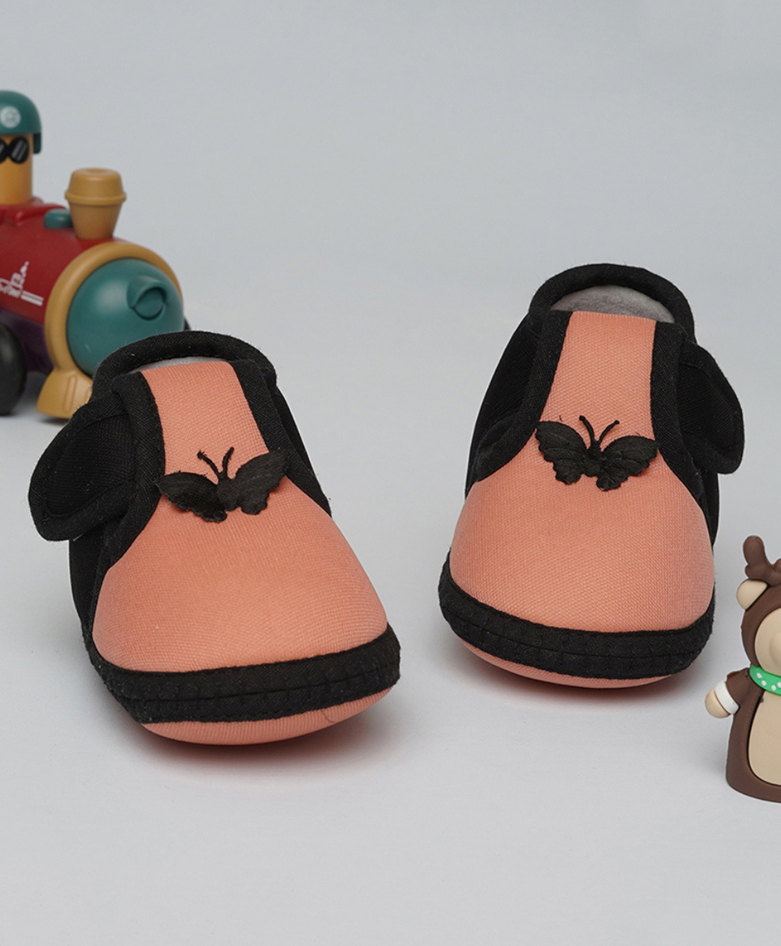 Neska Moda Butterfly Applique Detailed Velcro Closure Booties - Peach & Black-image-45