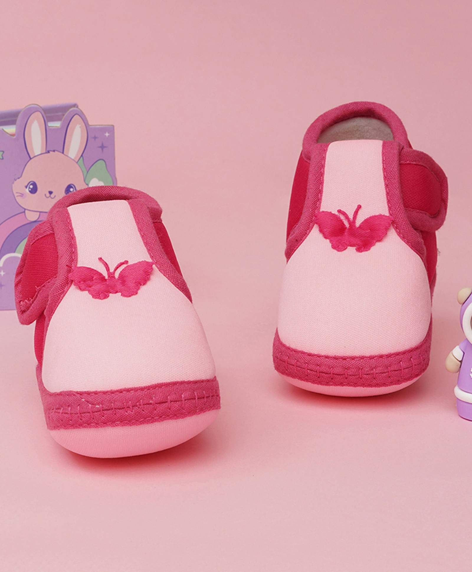 Neska Moda Butterfly Applique Detailed Velcro Closure Booties - Baby Pink & Rani Pink-picture-30