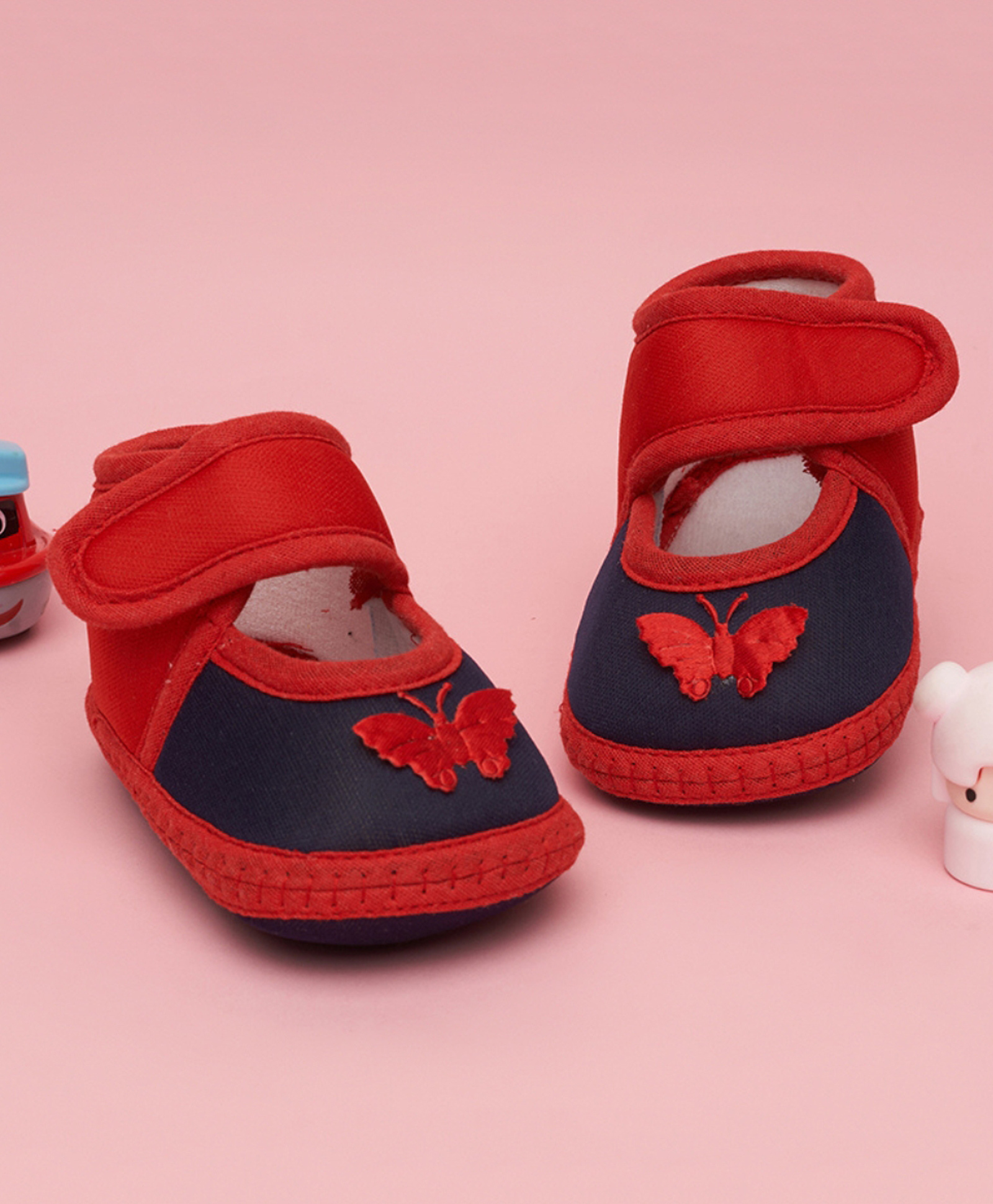 Neska Moda Butterfly Patch Detailed Velcro Closure Booties - Red & Navy Blue-picture-17
