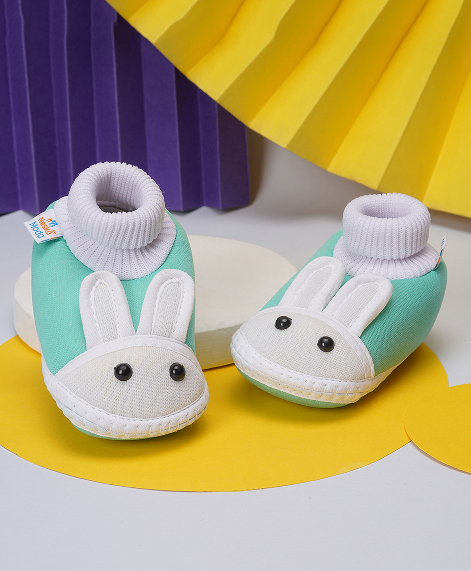 Neska Moda Rabbit Designed Slip On Booties - Sea Green-image-40