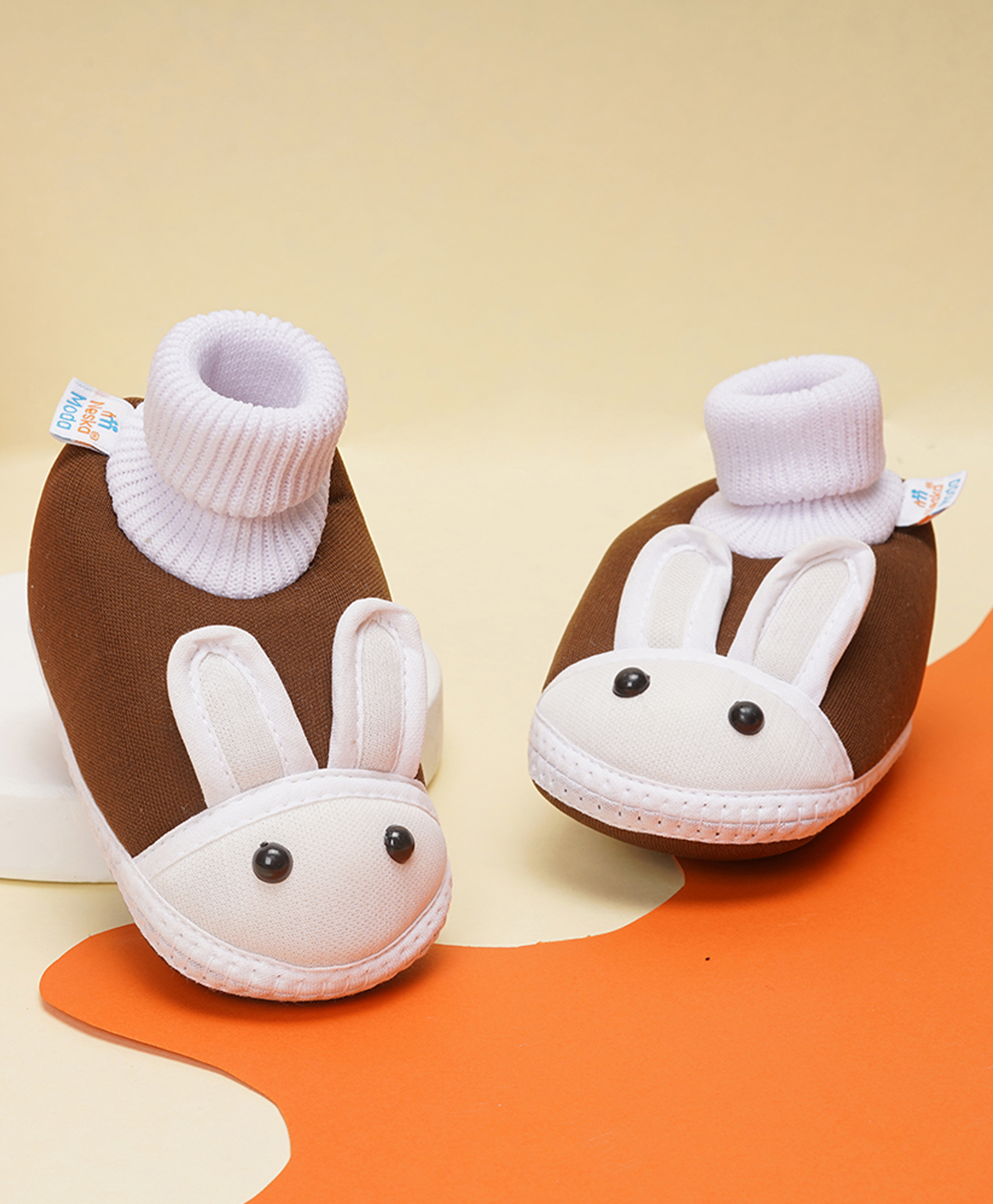 Neska Moda Rabbit Designed Slip On Booties - Brown & White-image-14