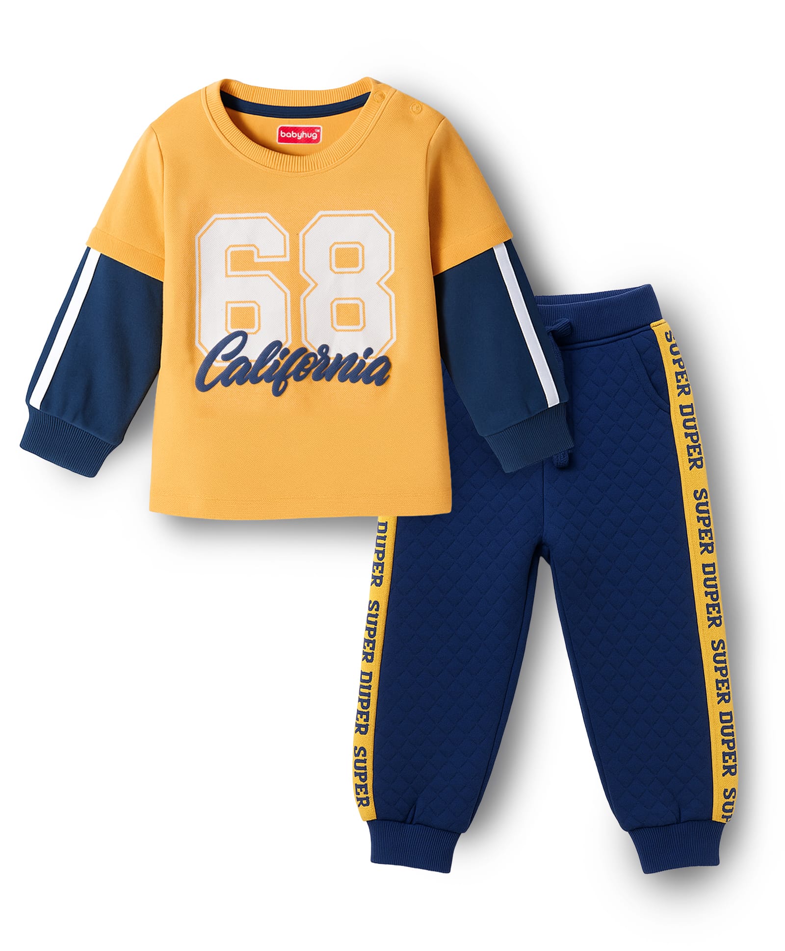 Babyhug Terry Knit Full Doctor Sleeves T-Shirt & Joggers Set with California Text Print - Yellow & Navy Blue-image-29