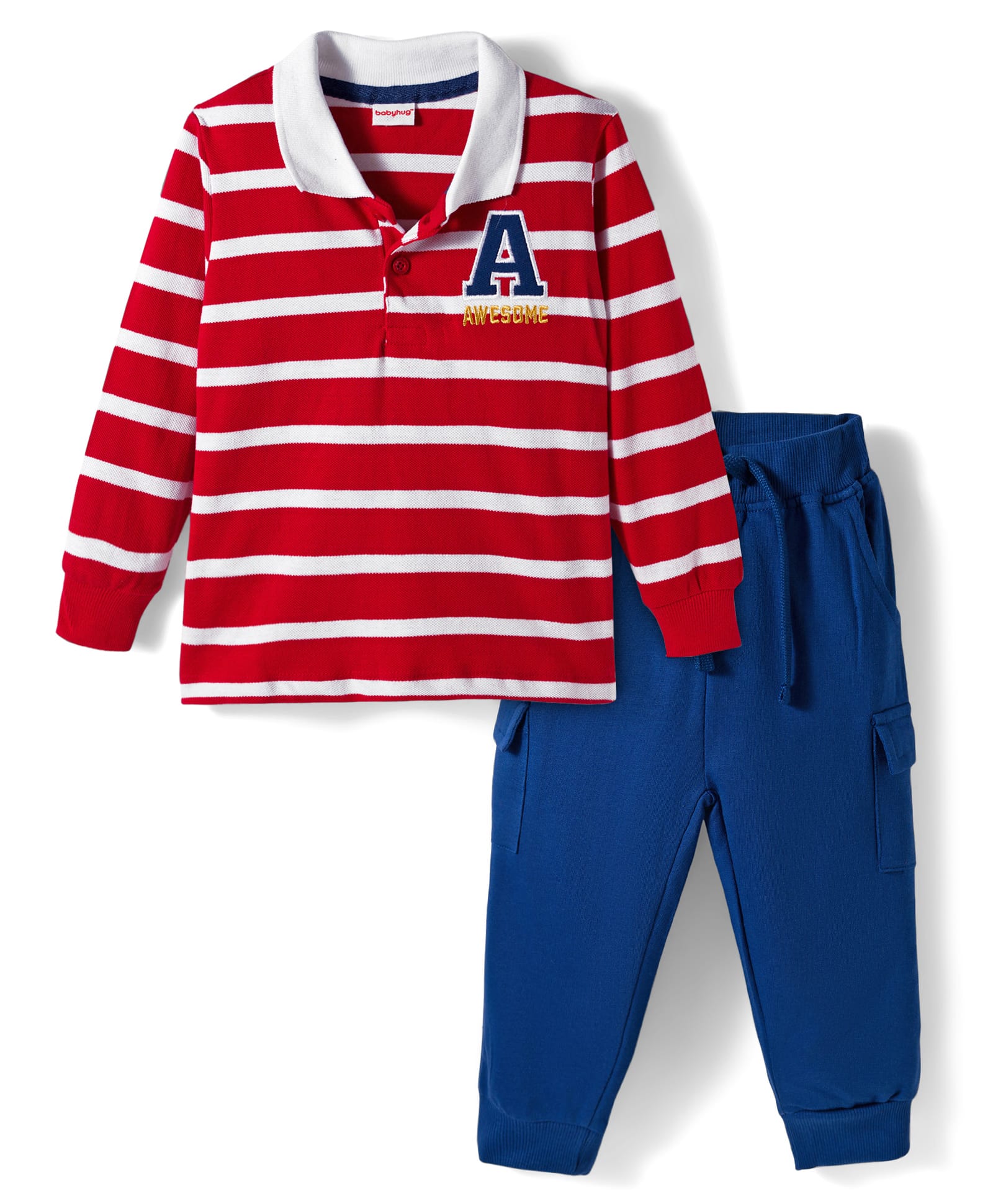Babyhug Terry Knit Full Sleeves Polo T-Shirt and Pant Set With Stripes - White & Red-image-6