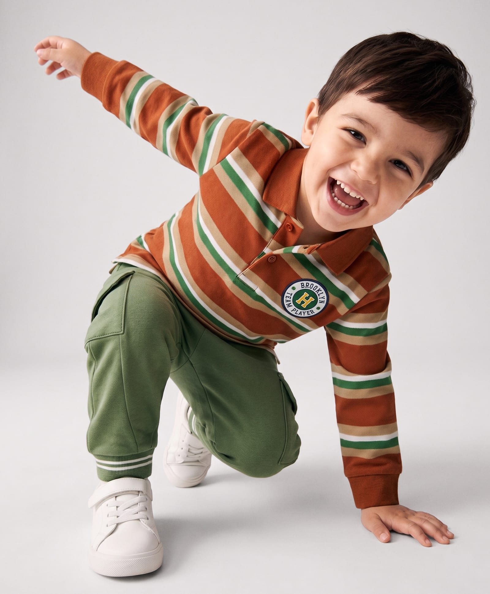 Babyhug Single Jersey Knit Full Sleeves Striped Polo T-Shirt & Lounge Pant Set With Brooklyn Patch - Red & Green-picture-25