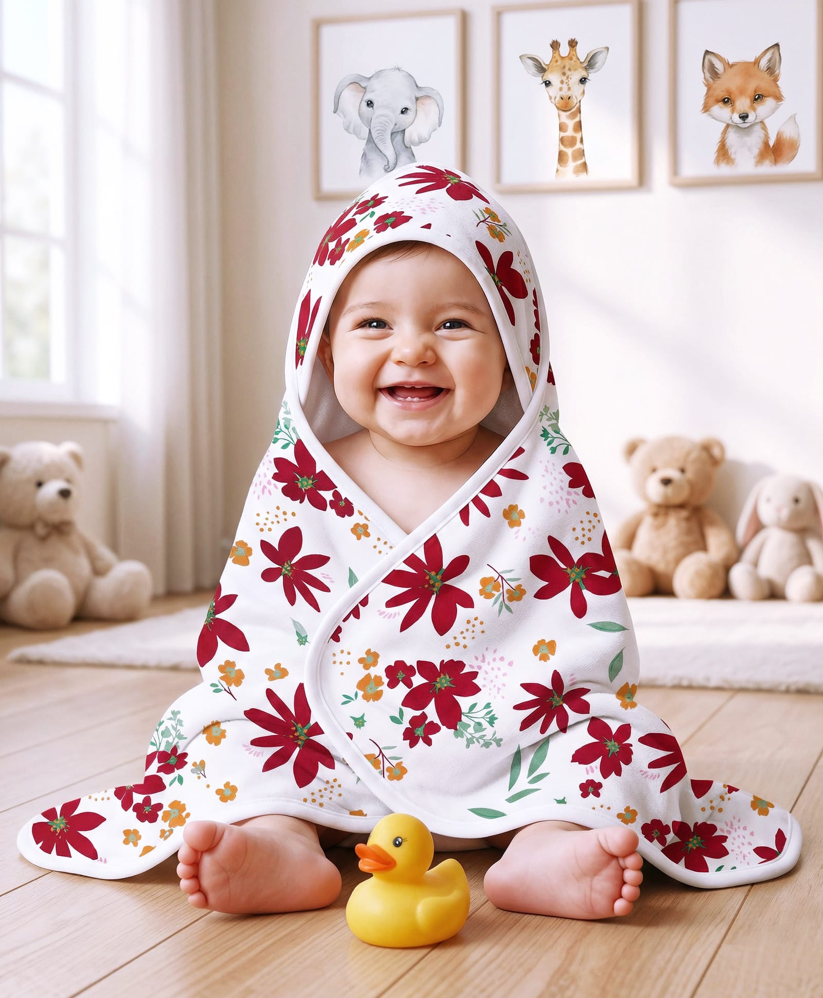 Kookie Kids Interlock Knit Hooded Towel With Floral Print L 79 x B 76 cm - White & Red-image-46