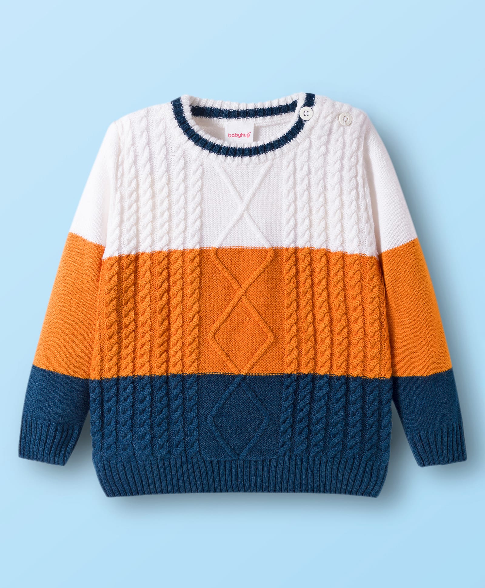 Babyhug Knit Full Sleeves Colorblock Pullover with Cable Knit Design - White & Navy Blue-picture-17