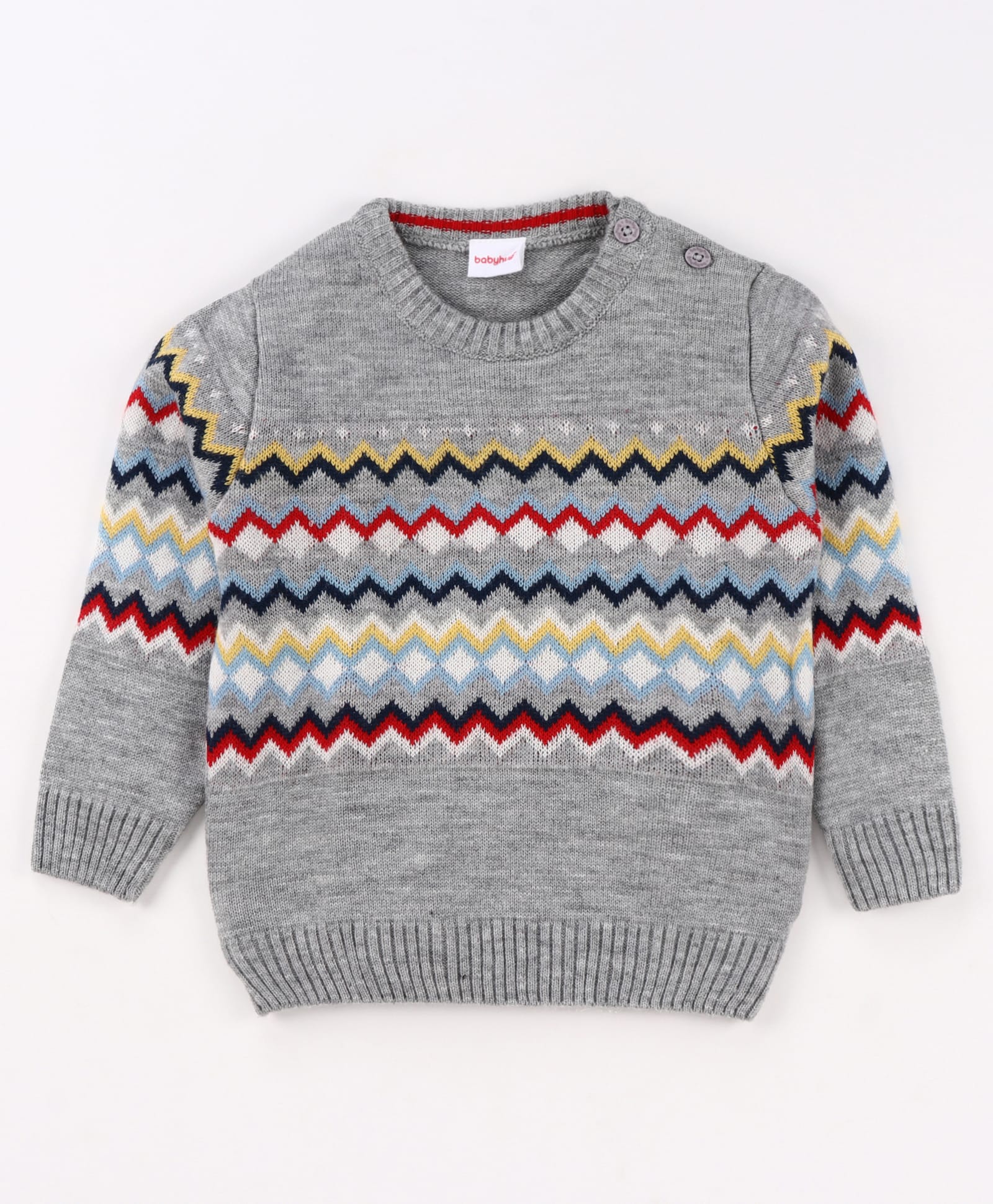 Babyhug Knit Full Sleeves Pullover Sweater with Aztec Design - Grey-image-21
