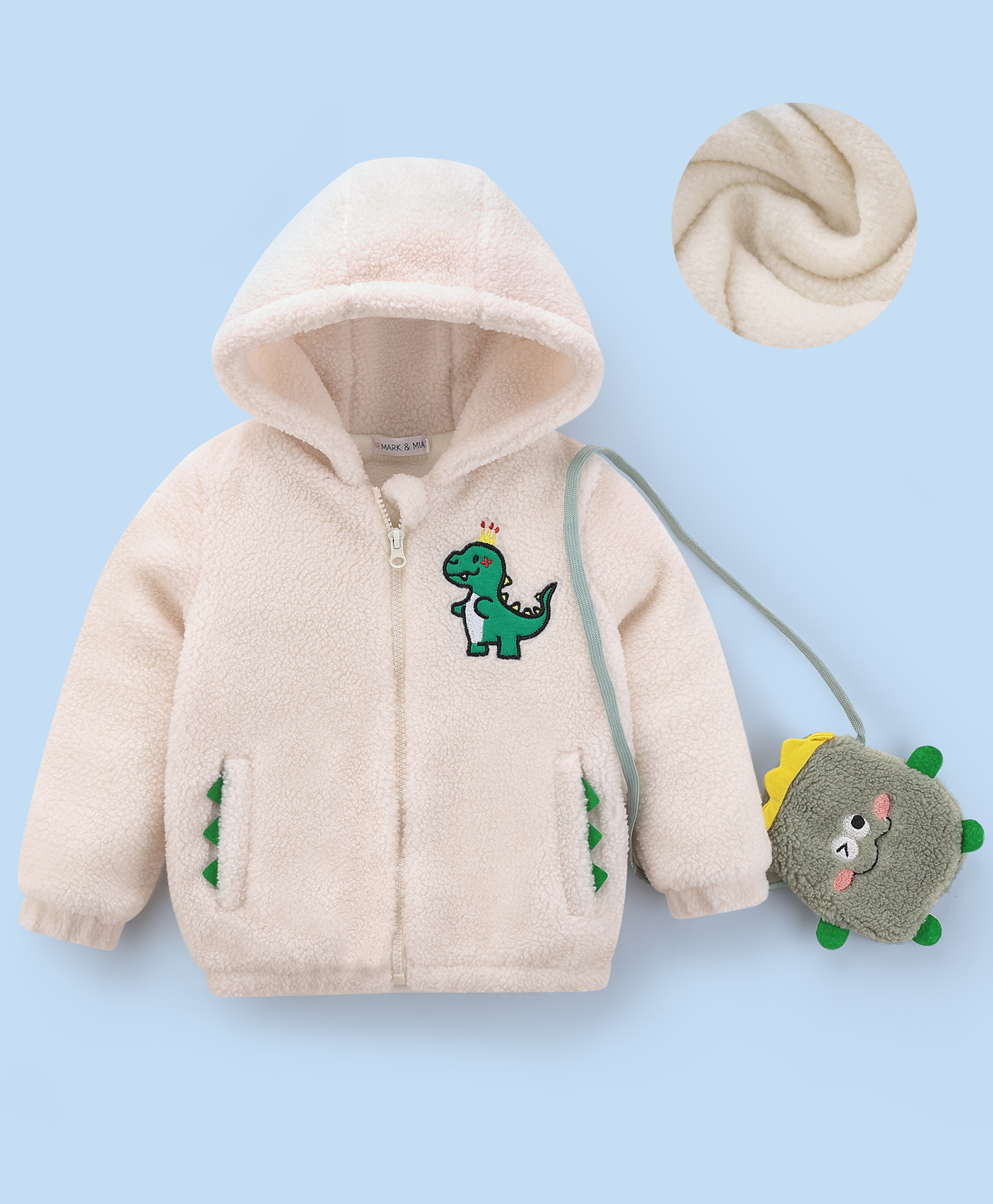 Mark & Mia Full Sleeves Fur Hooded Winter Jacket With Dino Embroidery & Sling Bag - Beige-picture-11