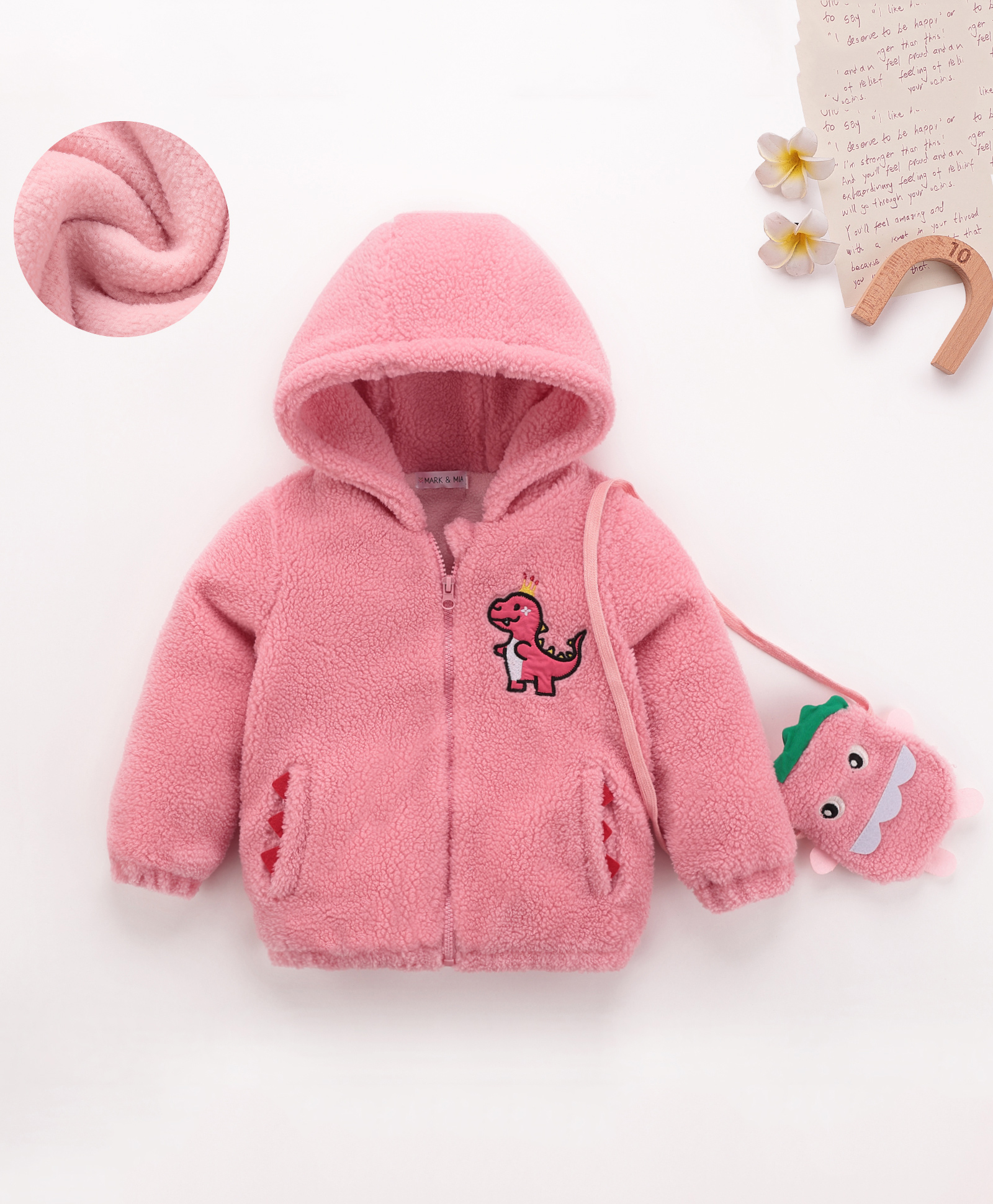 Mark & Mia Full Sleeves Fur Hooded Winter Jacket With Dino Embroidery & Sling Bag - Pink-picture-10