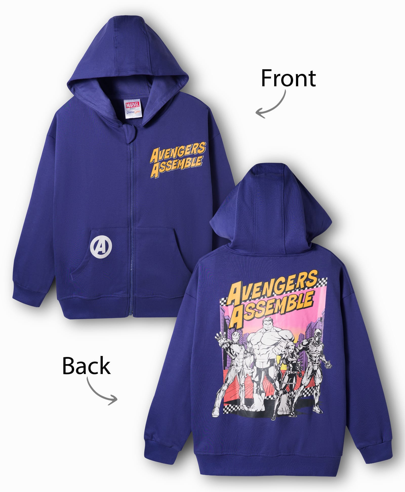 Primo Gino Marvel Terry Knit Full Sleeves Hooded Sweatjacket with Front and Back Avengers Graphic and Pocket Detailing - Navy Blue-image-8