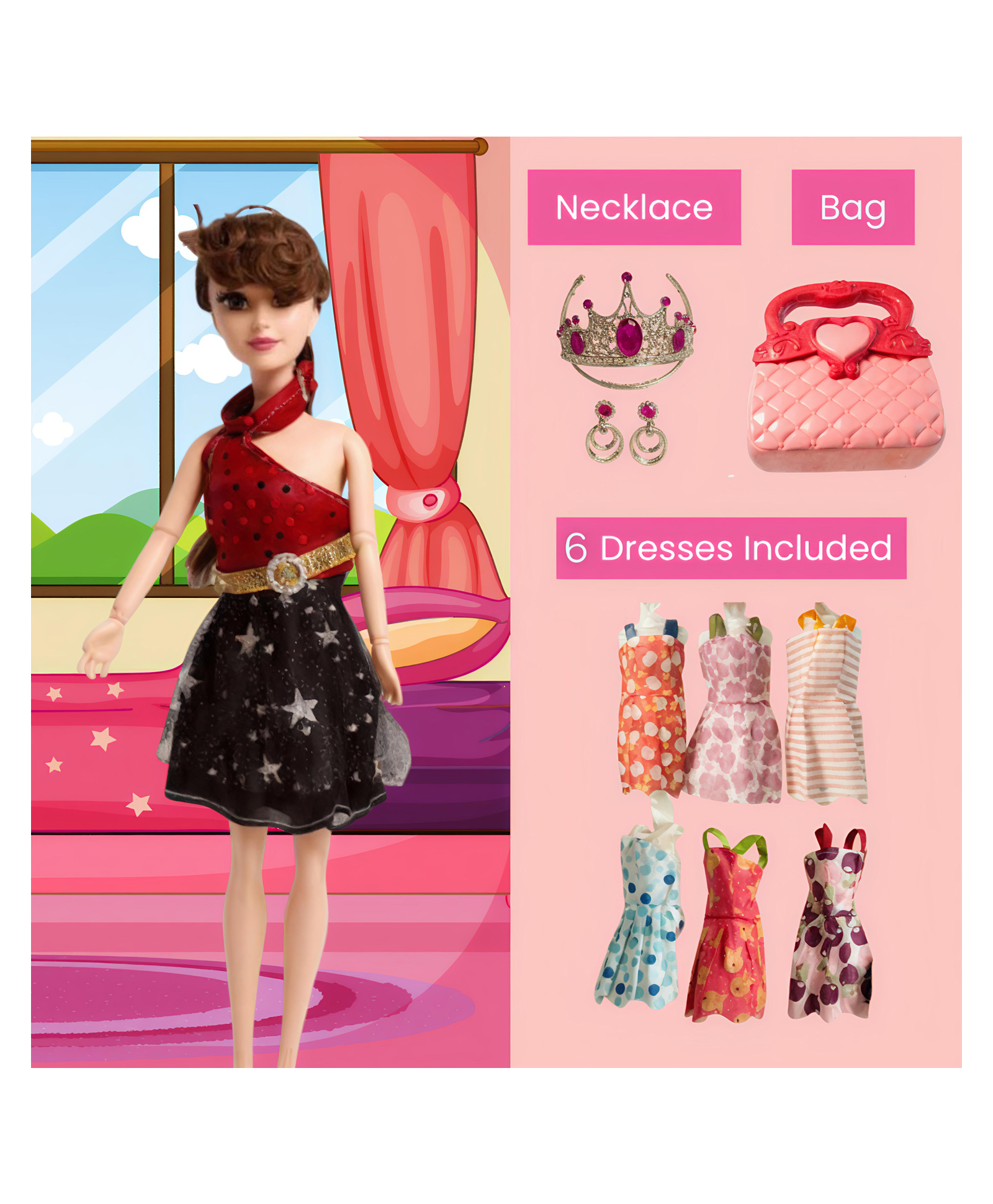 Planet Of Toys Fashion Long Hair Doll with Movable Joints | Baby Doll Set for Girls with Crown, Handbag, Earrings & Stylish Clothes | Complete Doll Accessories Set - Height 28 cm-image-40