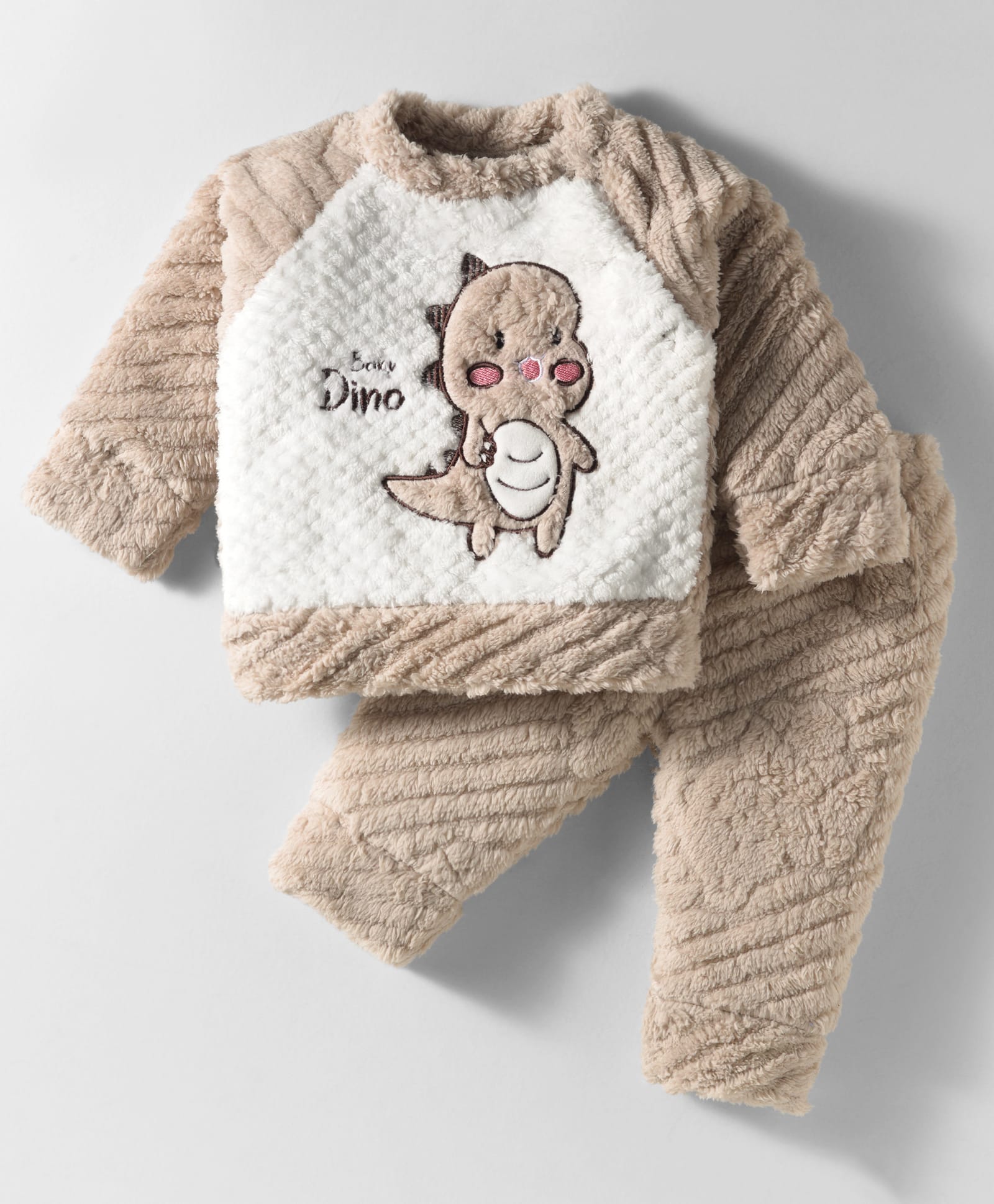 Mom's pet Fur Knit Full Sleeves Dinosaur Embroidered Sweatshirt With Joggers Set - Brown-picture-16