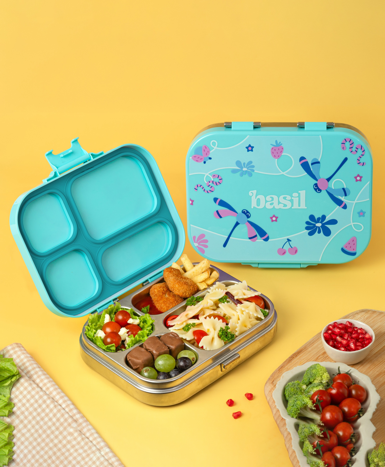 Basil Stainless Steel 4 Compartment Bento Lunch Box with BPA free Plastic Lid for Kids, 800 ml - Teal Garden-image-26