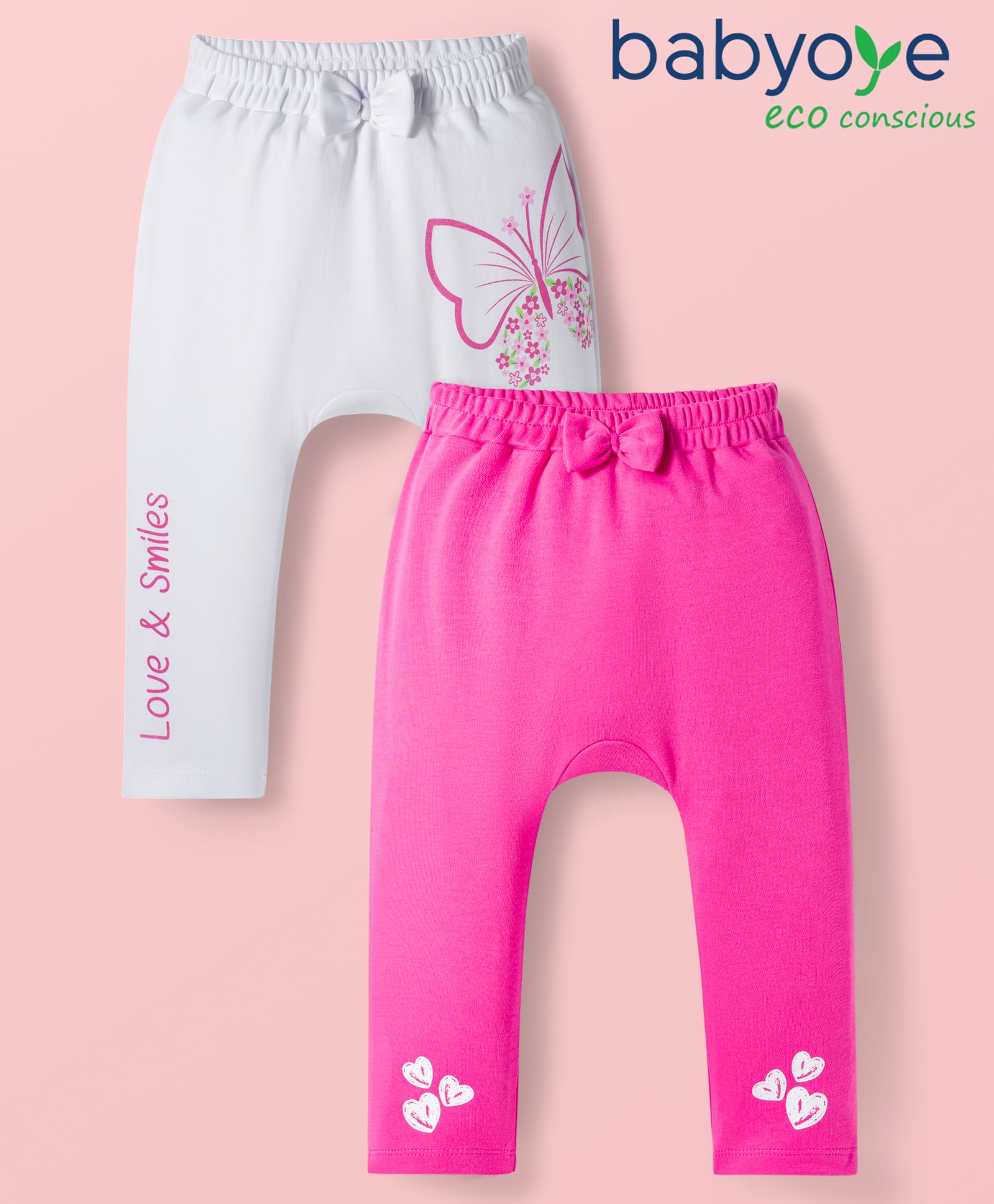 Babyoye 100% Cotton Interlock Knit with Eco Jiva Finish Full Length Diaper Leggings with Bow Applique Hearts & Butterfly Print Pack of 2 - White & Pink-picture-24