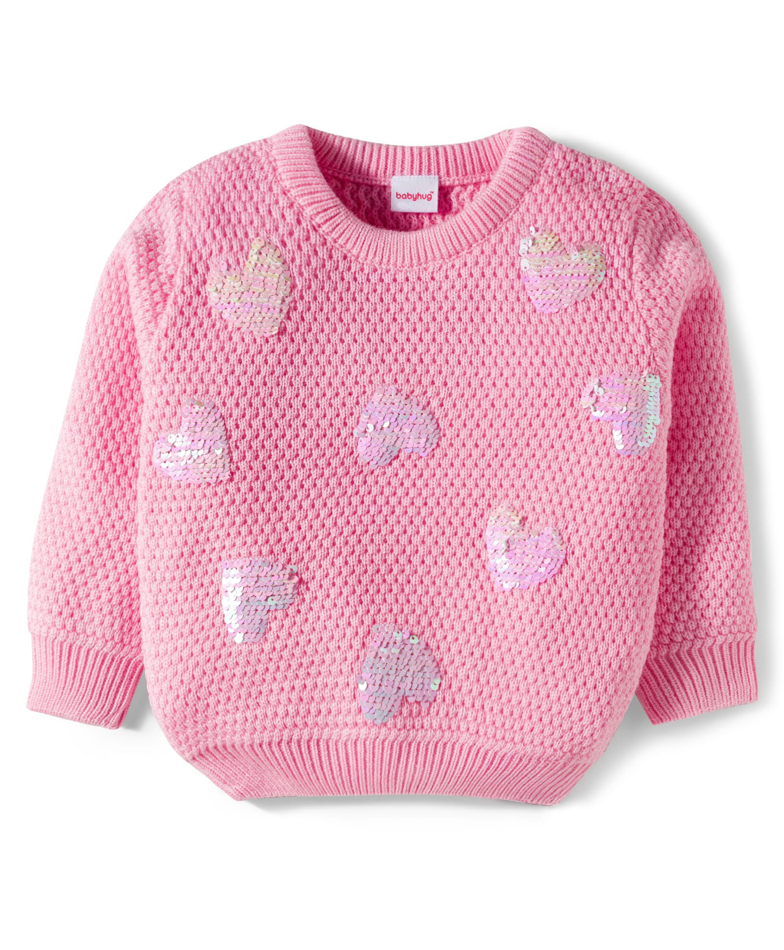 Babyhug Full Sleeves Pullover Sweater with Sequin Heart Design - Pink-image-28