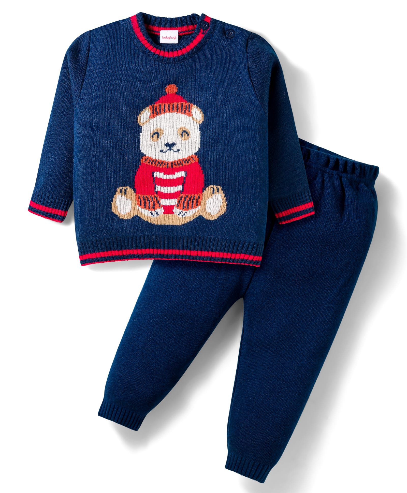 Babyhug Knitted Full Sleeves Sweater Set With Teddy Bear Design - Navy Blue-image-39