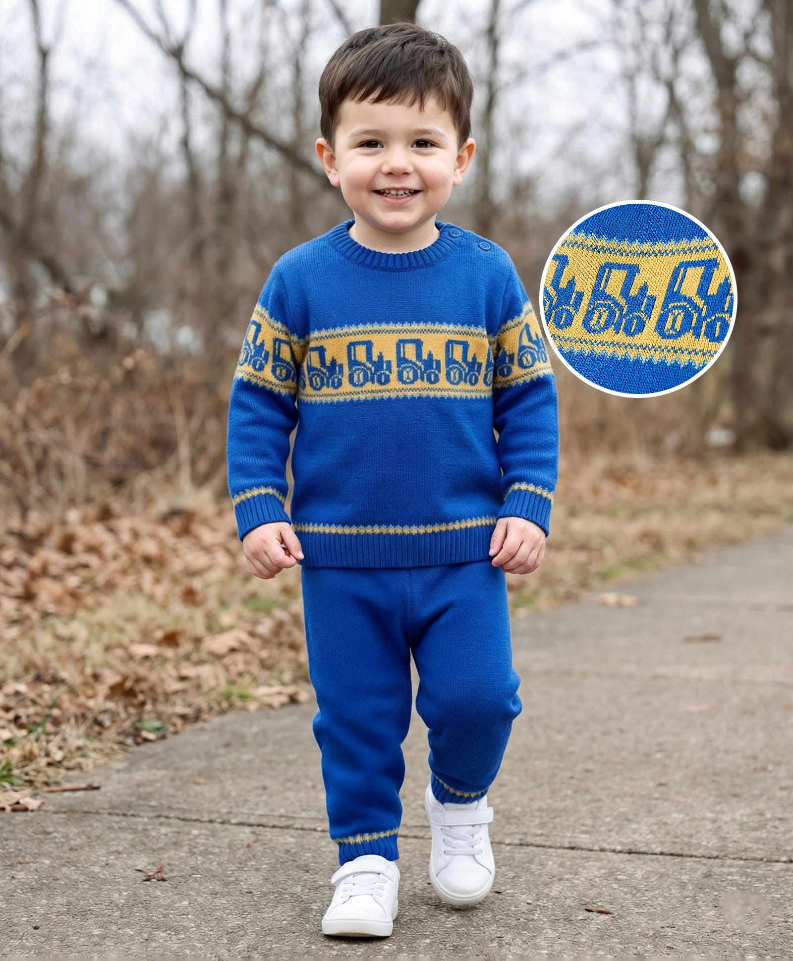 Babyhug Knitted Full Sleeves Sweater Set With Tractor Design - Royal Blue