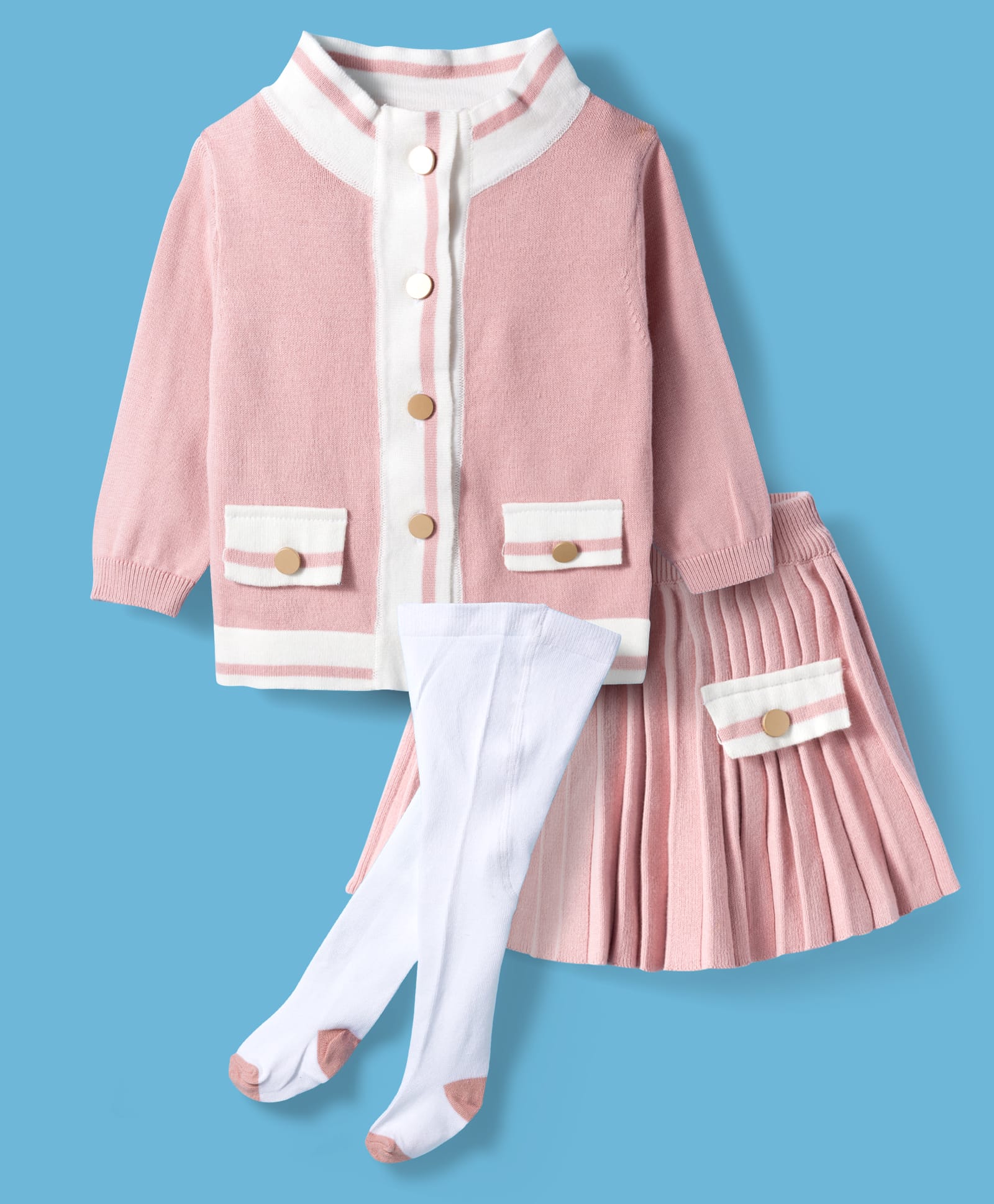 ToffyHouse Knitted Full Sleeves Solid Color Winter Wear Set with Footed Leggings - Pink-image-41