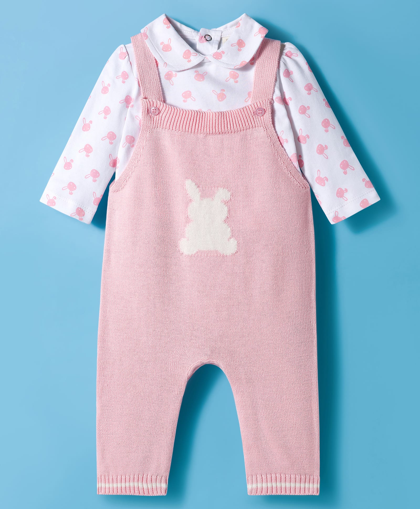 ToffyHouse Knitted Dungarees with Full Sleeves Inner Tee & Bunny Print - Pink-image-49