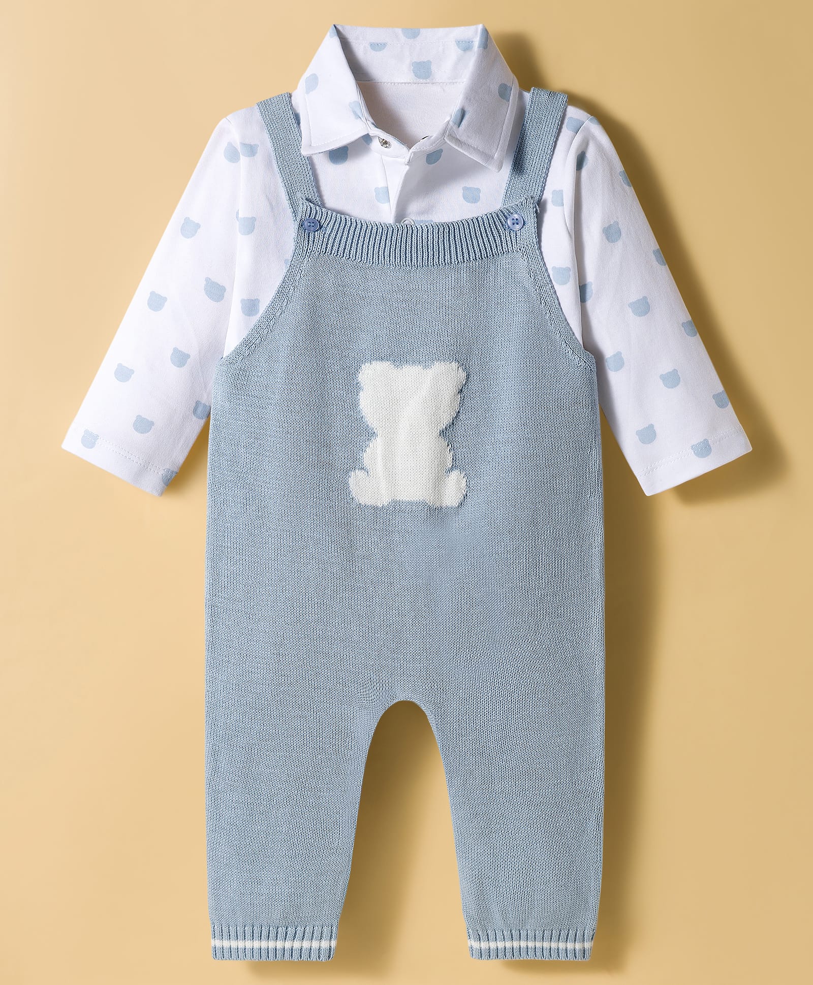 ToffyHouse Knitted Dungarees with Full Sleeves Inner Tee & Bear Print - Light Blue-picture-13