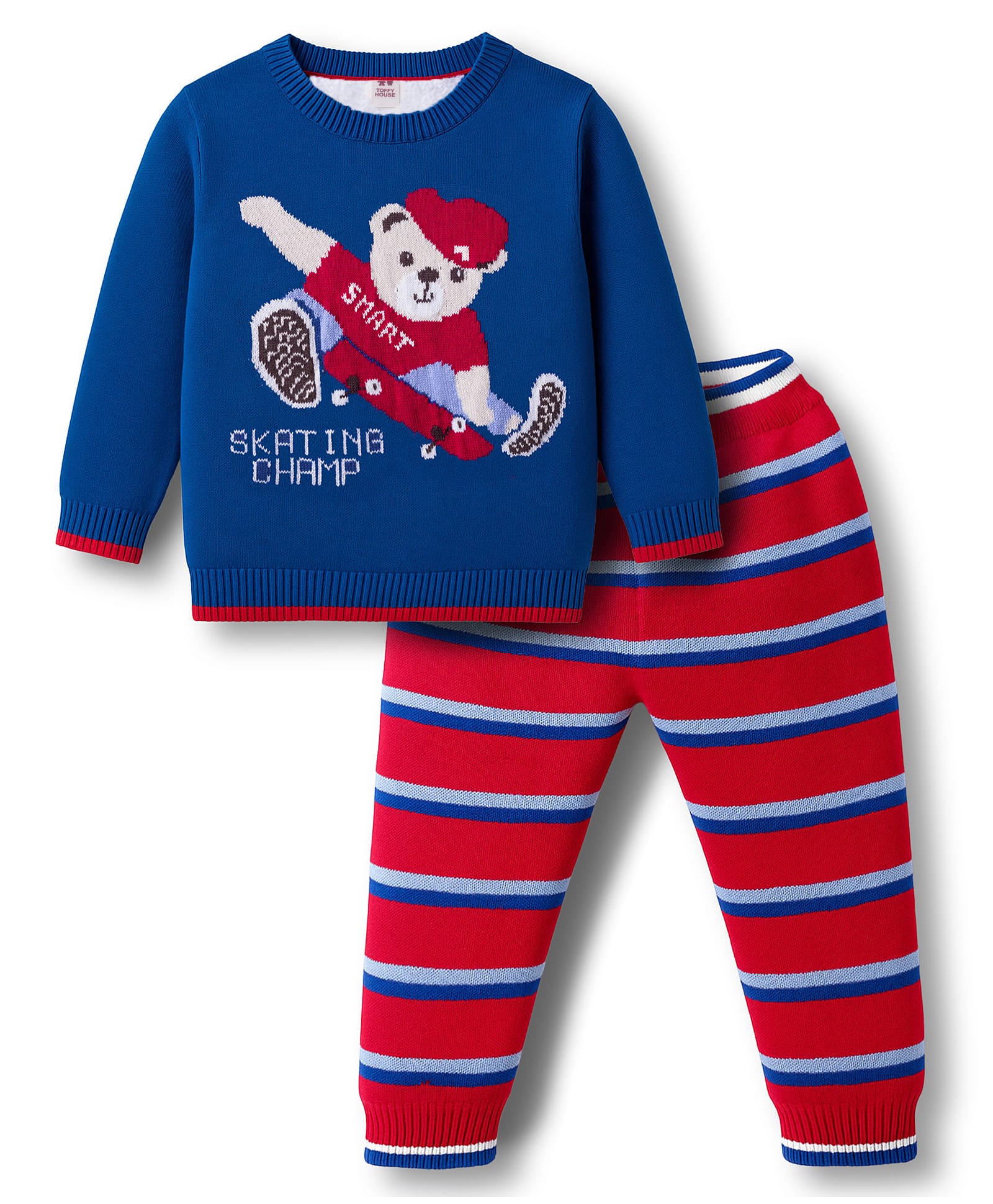 ToffyHouse Knitted Full Sleeves Winter Wear Sweatshirt & Pant Set With Bear Print - Navy Blue-picture-8