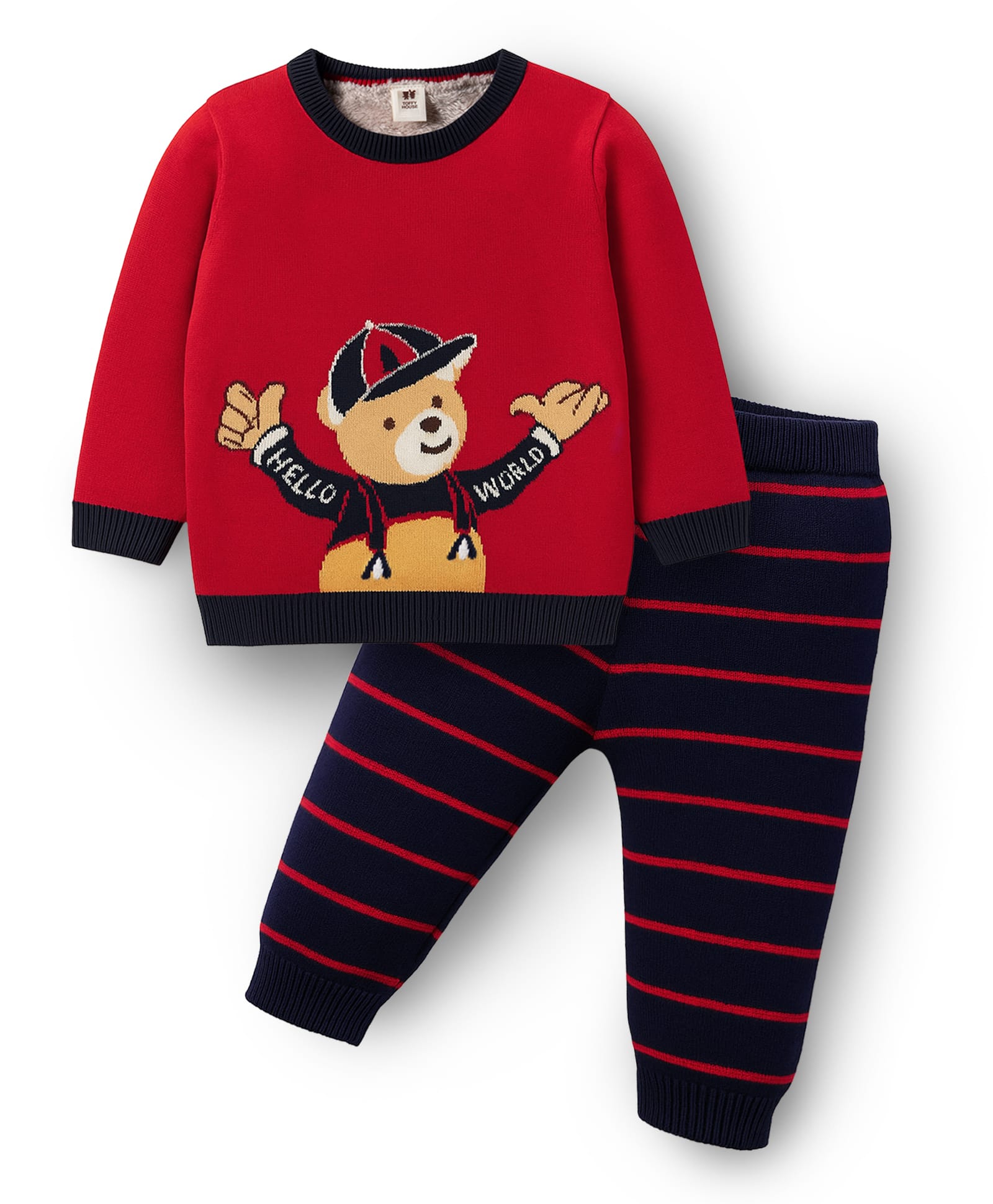 ToffyHouse Knit Full Sleeves Winter Wear T-Shirt and Joggers Set with Stripes & Teddy Design - Red & Navy Blue-picture-32
