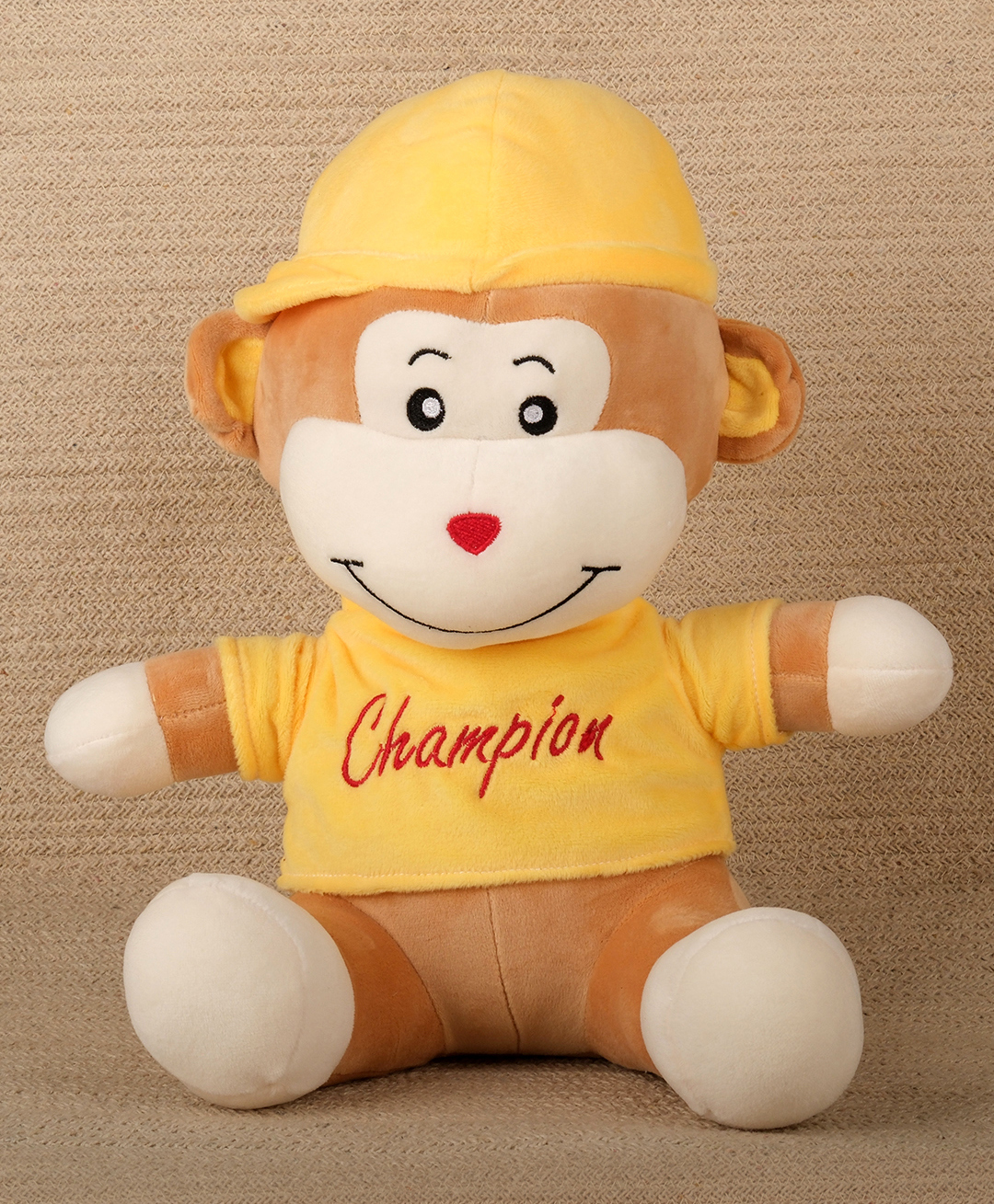 Dukiekooky Champion Monkey Plush Toy,Soft Stuffed Animal with Yellow T-shirt and Cap, Brown and Cream Height - 32 cm-image-23