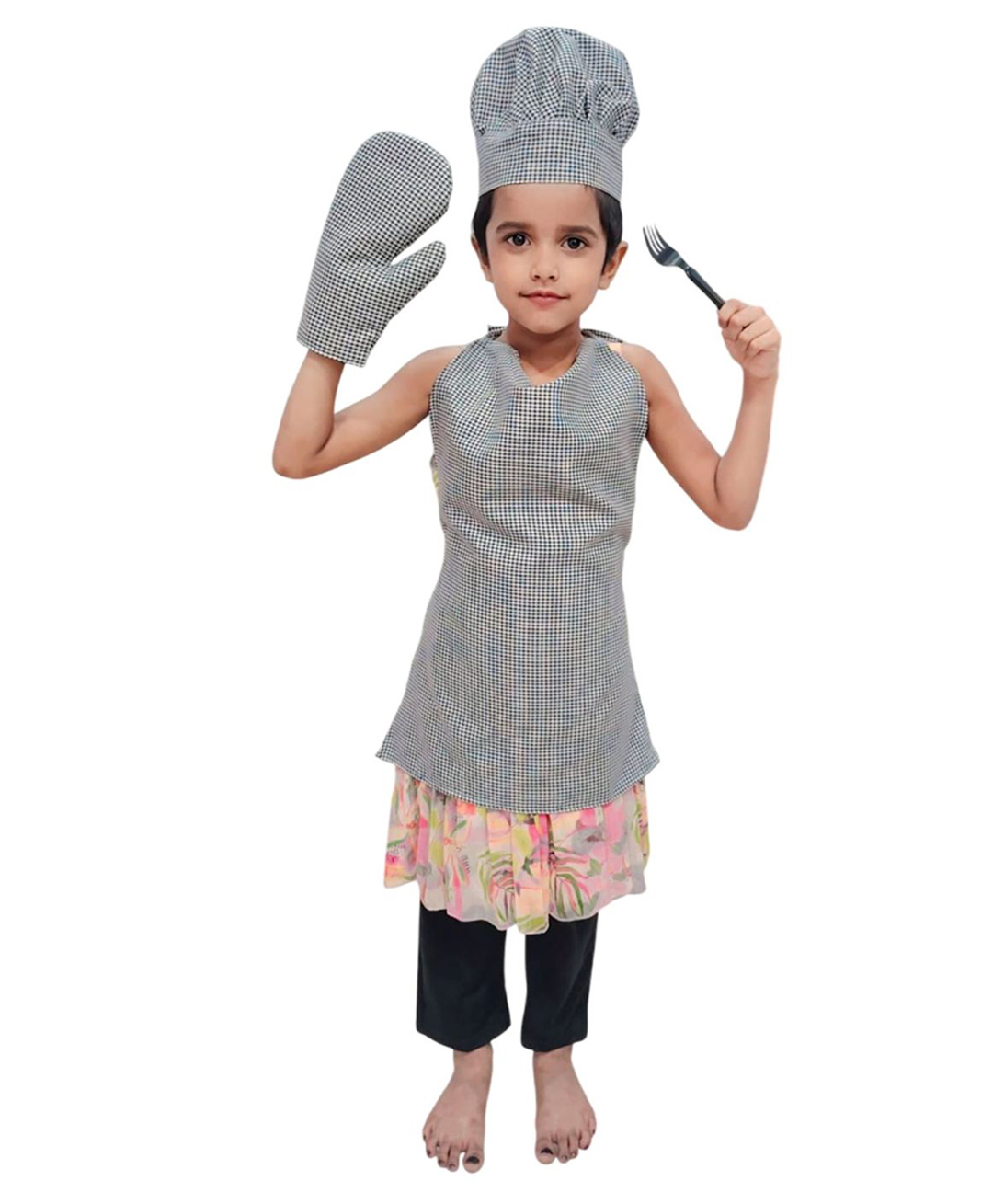 BookMyCostume Woven Sleeveless Chef Apron With Hat & Mittens Costume Set - Grey