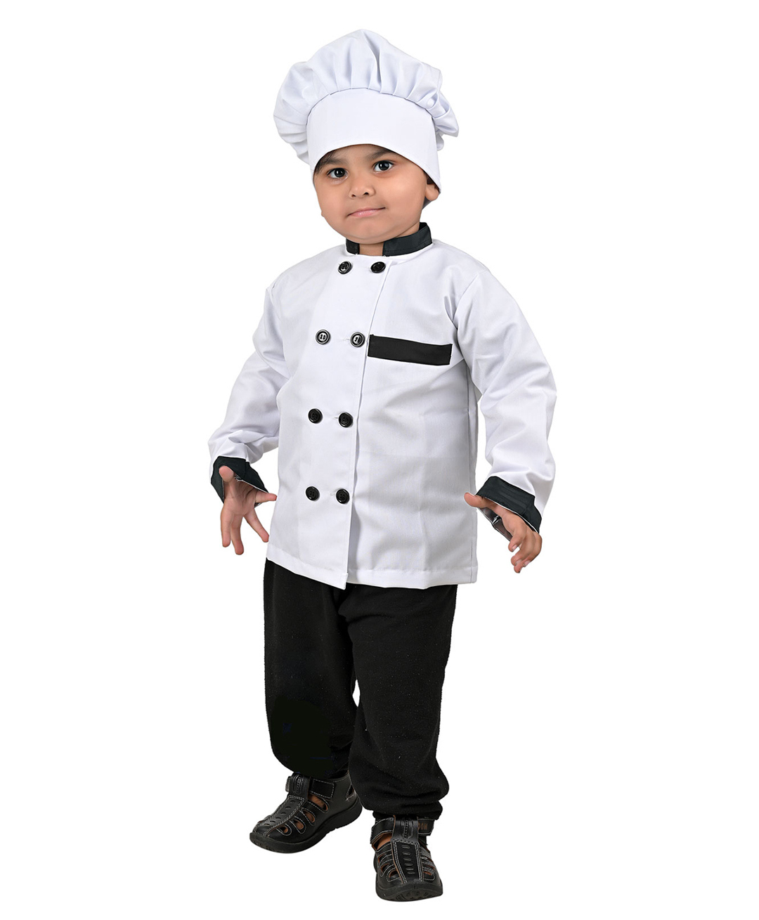 BookMyCostume Cotton Woven Full Sleeves Professional Chef Costume Set - White & Black-image-43