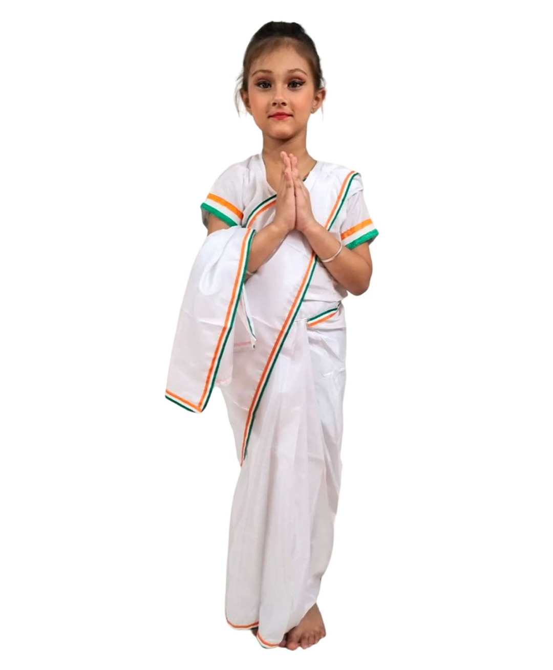 BookMyCostume Woven Independence Day Theme Half Sleeves Tri Colour Saree Set - White Orange & Green-image-45