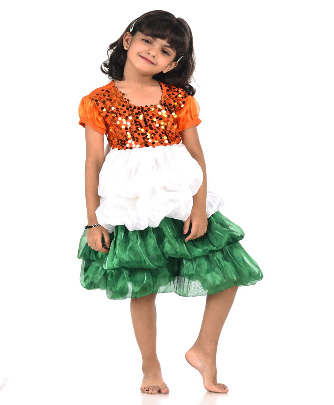BookMyCostume Net Woven Independence Day Theme Half Puffed Sleeves Dance Costume Set - White Orange & Green-image-43