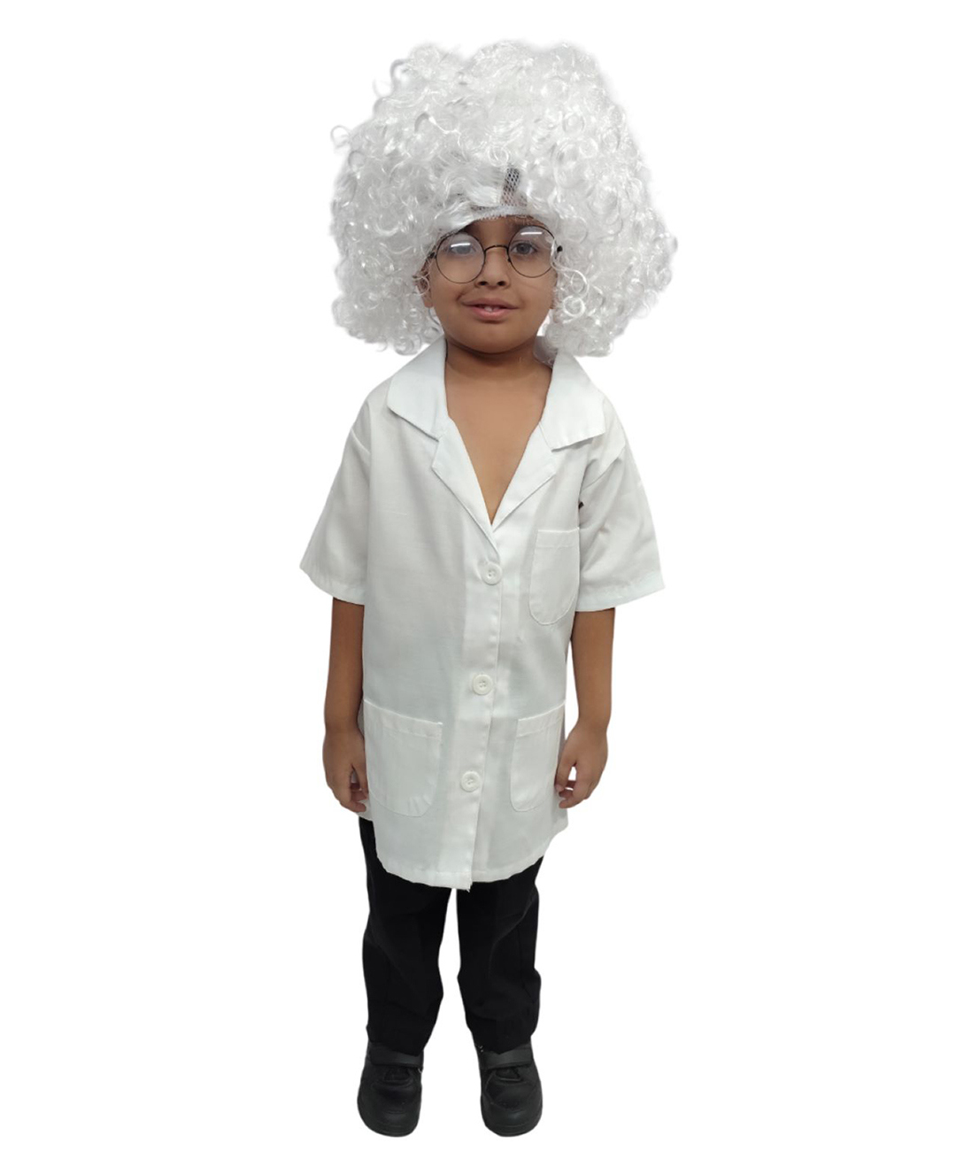 BookMyCostume Cotton Woven Half Sleeves Einstein Costume Set With Eye Glasses - White-image-0