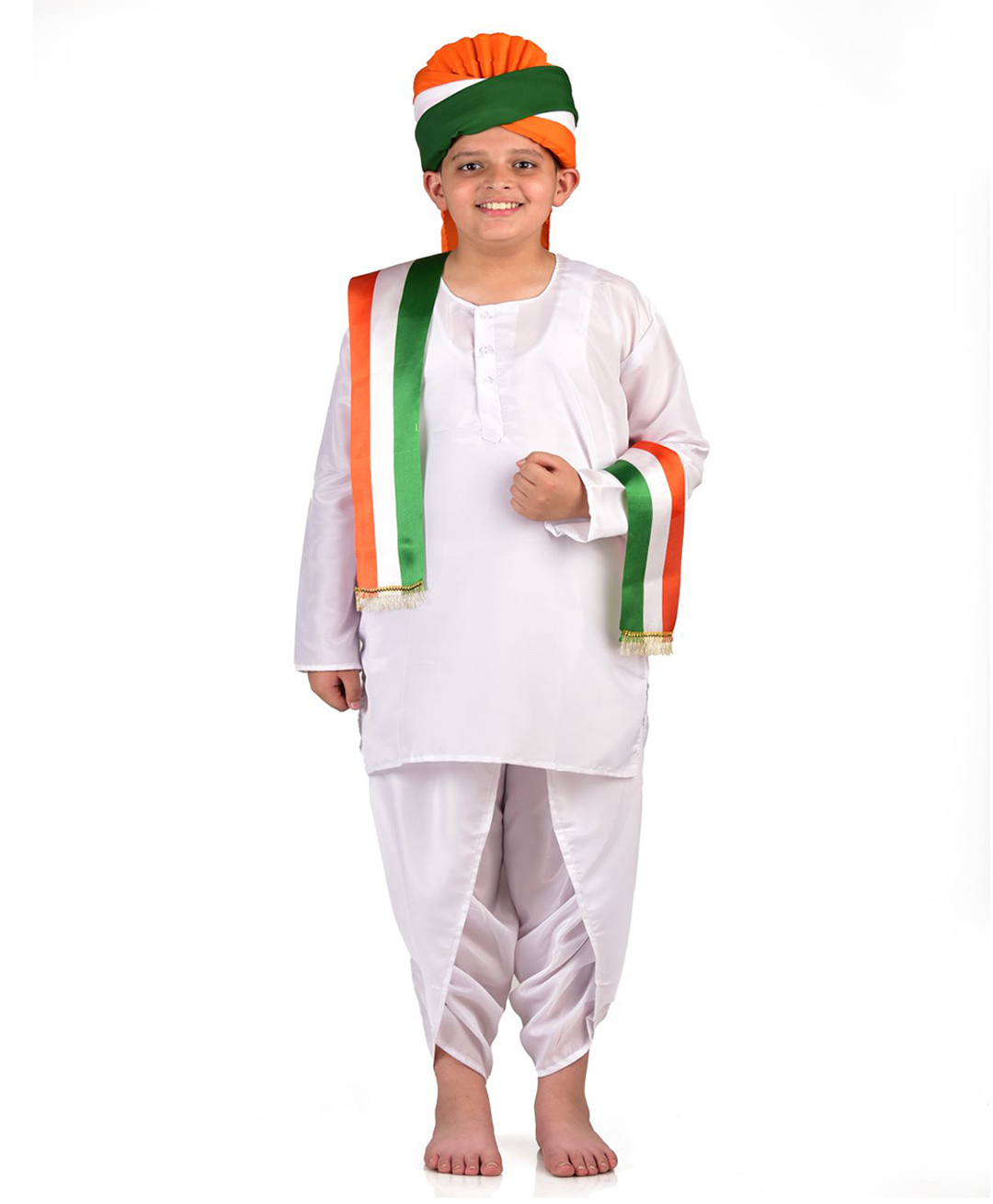 BookMyCostume Woven Full Sleeves Independence Day Theme Kurta Dhoti With Stole & Turban Set - White Orange & Green-image-22