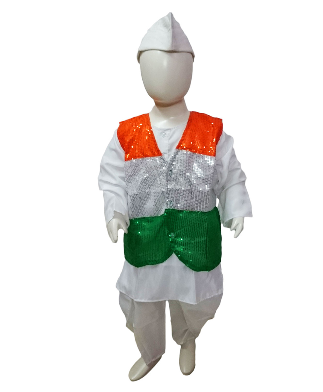 BookMyCostume Woven Full Sleeves Independence Day Theme Kurta Dhoti With Nehru Jacket & Cap Set - White Orange & Green-image-21