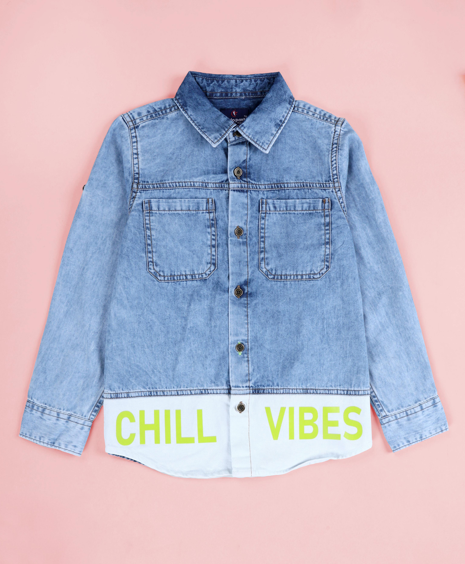 Kiddopanti Denim Woven Full Sleevess Chill Vibes Text Printed Mild Washed Shirt - Light Blue-picture-30