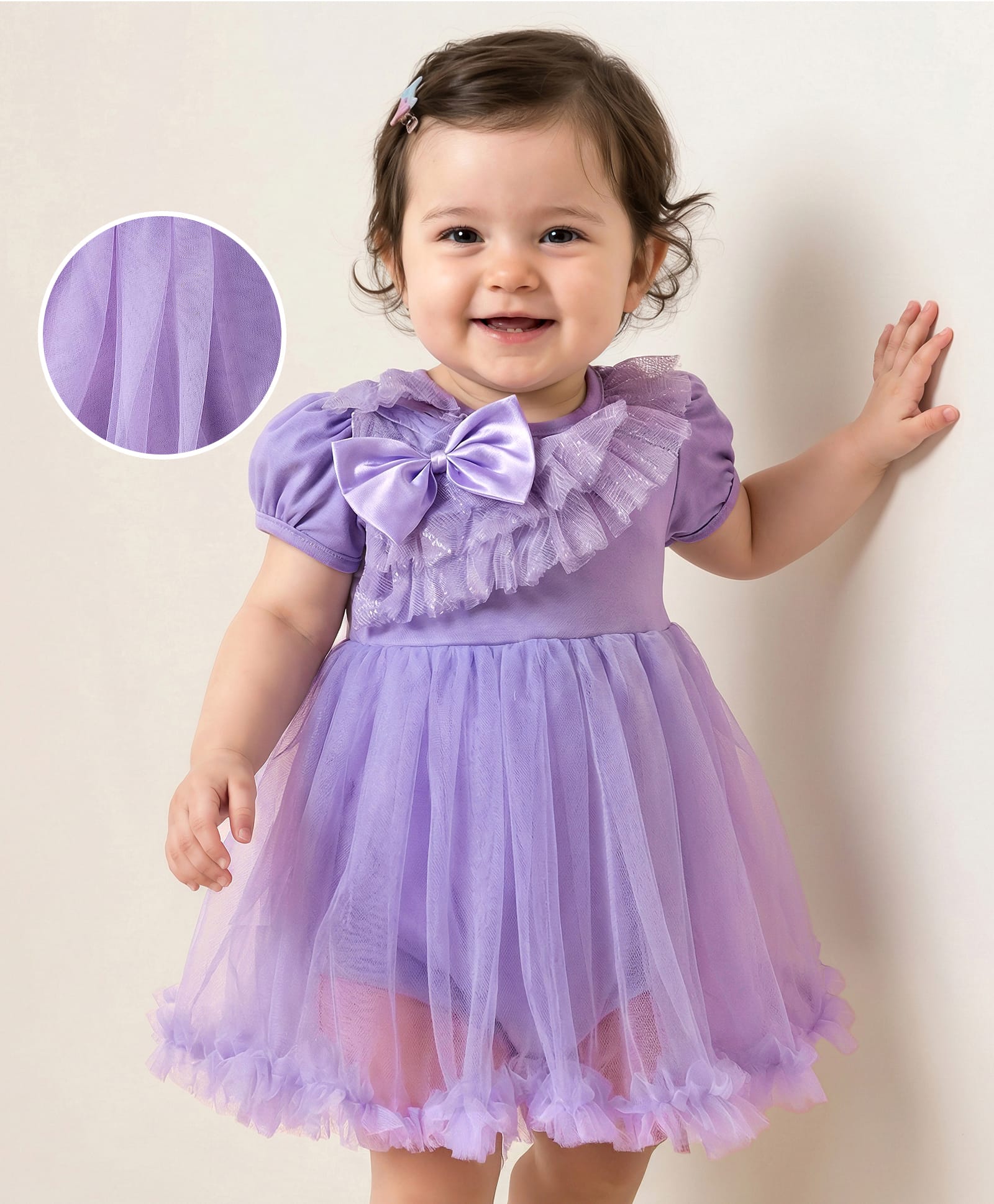 Mark & Mia Woven Half Puffed Sleeves Mesh Frock Style Party Onesie with Bow Applique - Lavender-image-42