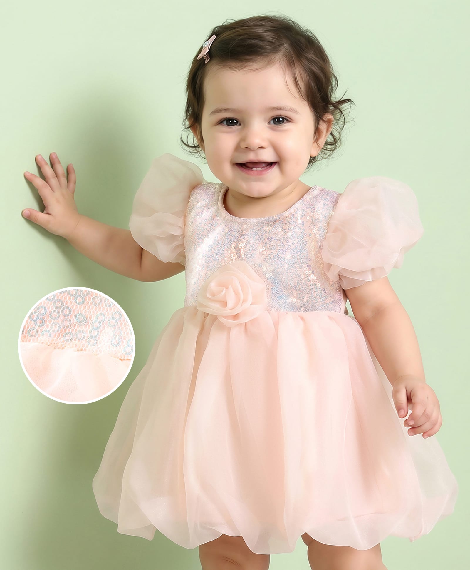 Mark & Mia Woven Half Puffed Sleeves Frock Style Party Onesie with Floral Applique & Sequin Detailing - Peach-image-34