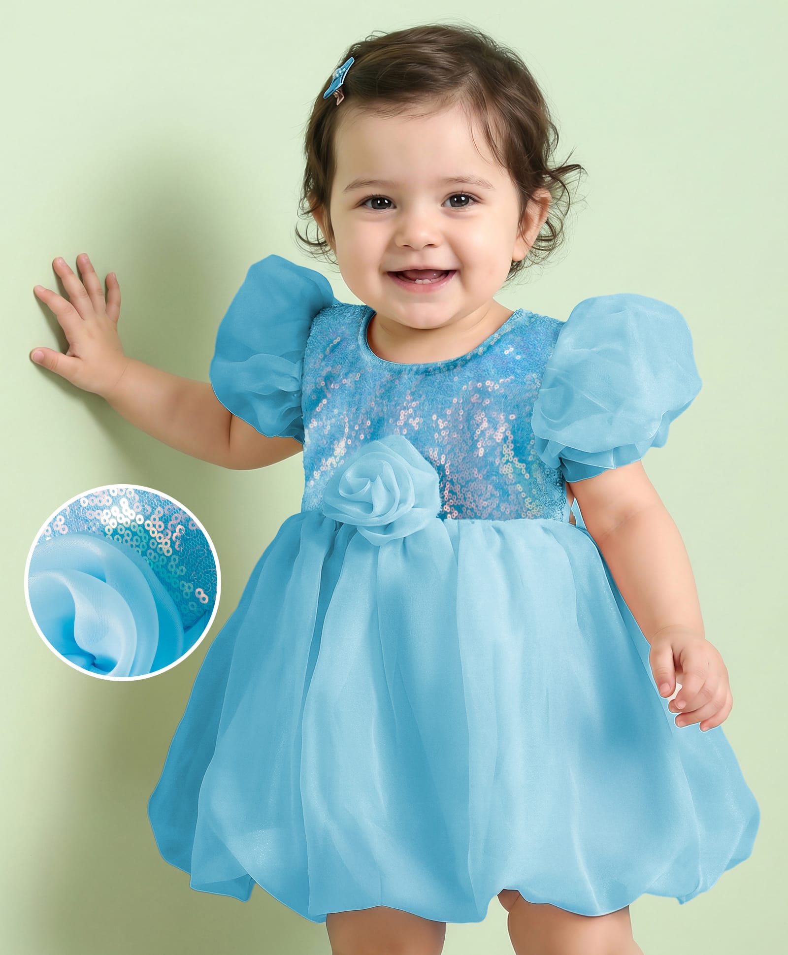 Mark & Mia Woven Half Puffed Sleeves Frock Style Party Onesie with Floral Applique & Sequin Detailing - Light Blue-image-35