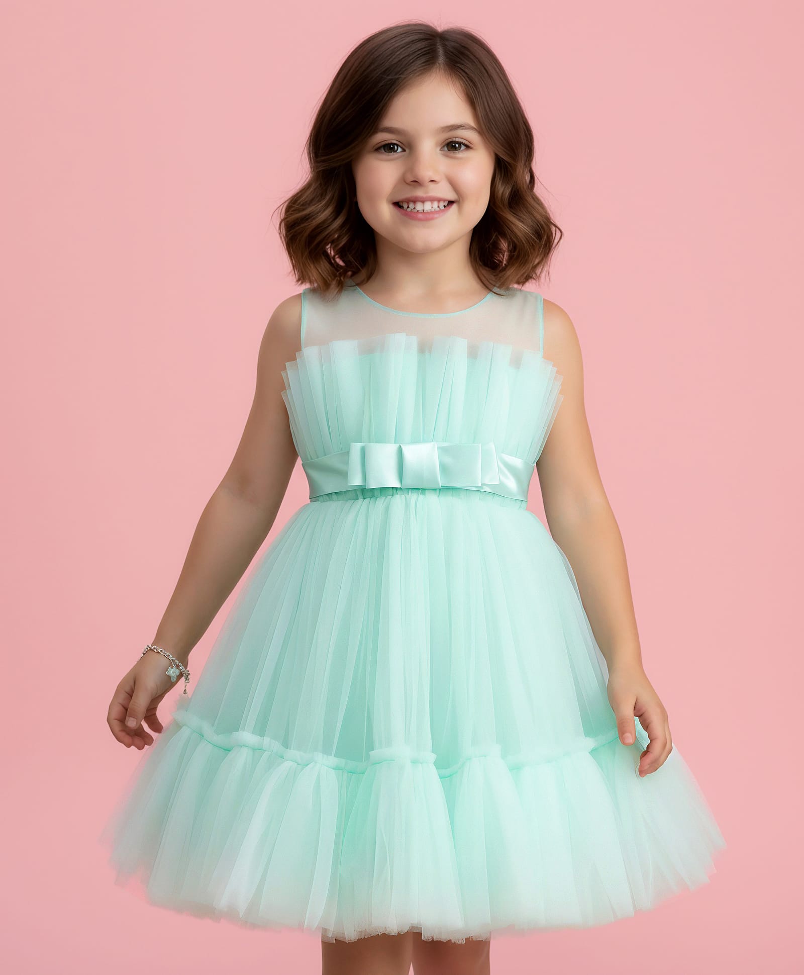 Mark & Mia Woven Sleeveless Party Dress with Bow & Frill Detailing - Light Mint Green-image-23