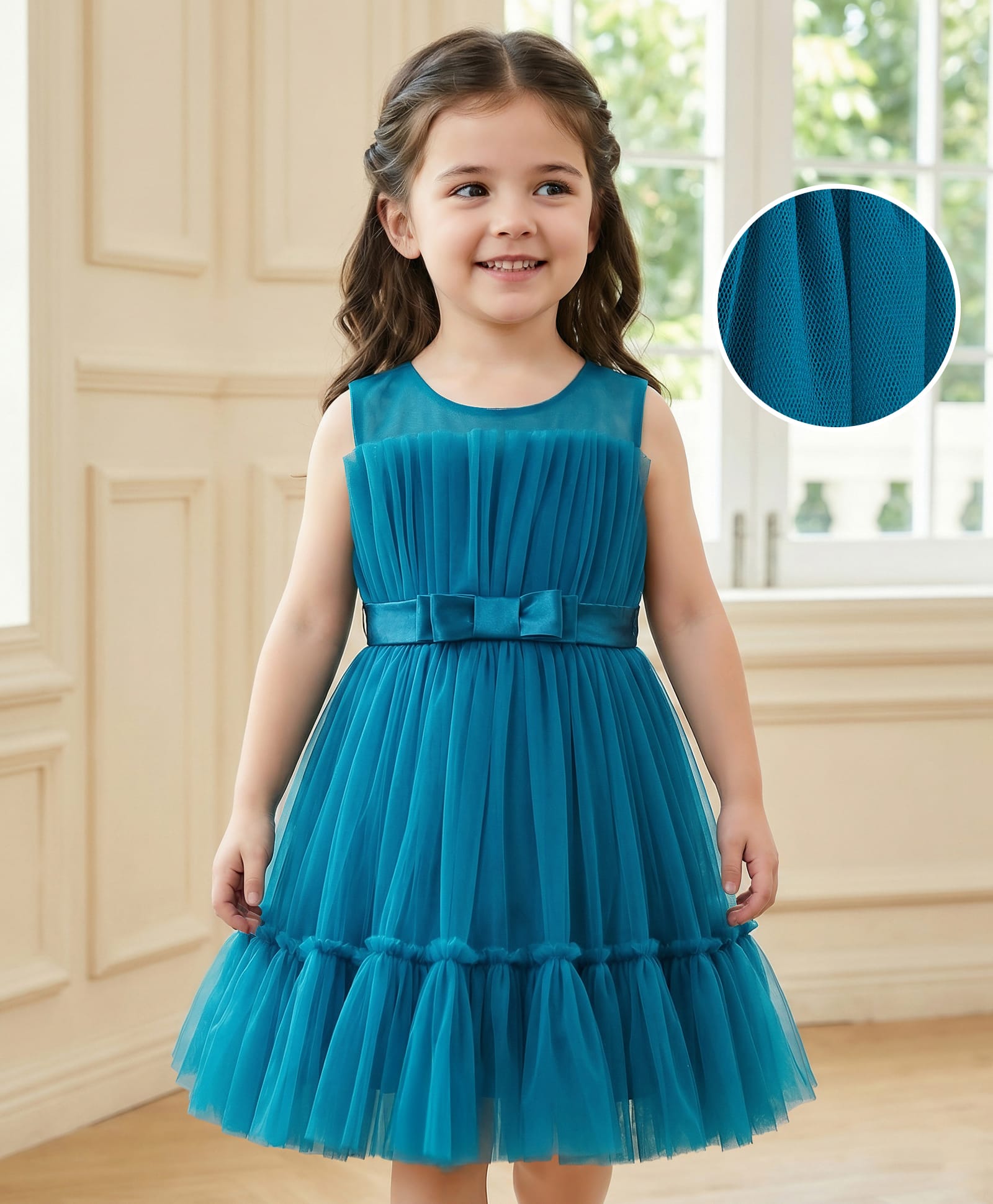 Mark & Mia Woven Sleeveless Party Dress with Bow & Frill Detailing - Teal Blue-picture-16