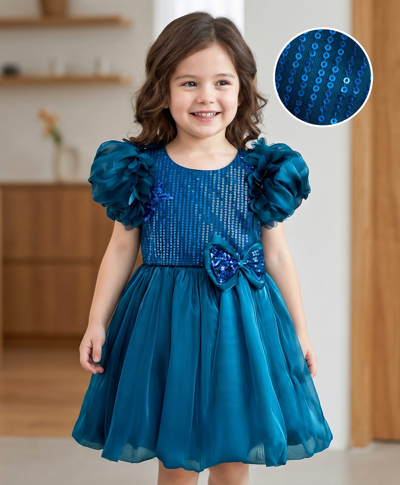 Mark & Mia Woven Half Sleeves Party Dress With Sequin Detailing & Bow Applique - Navy Blue-image-9