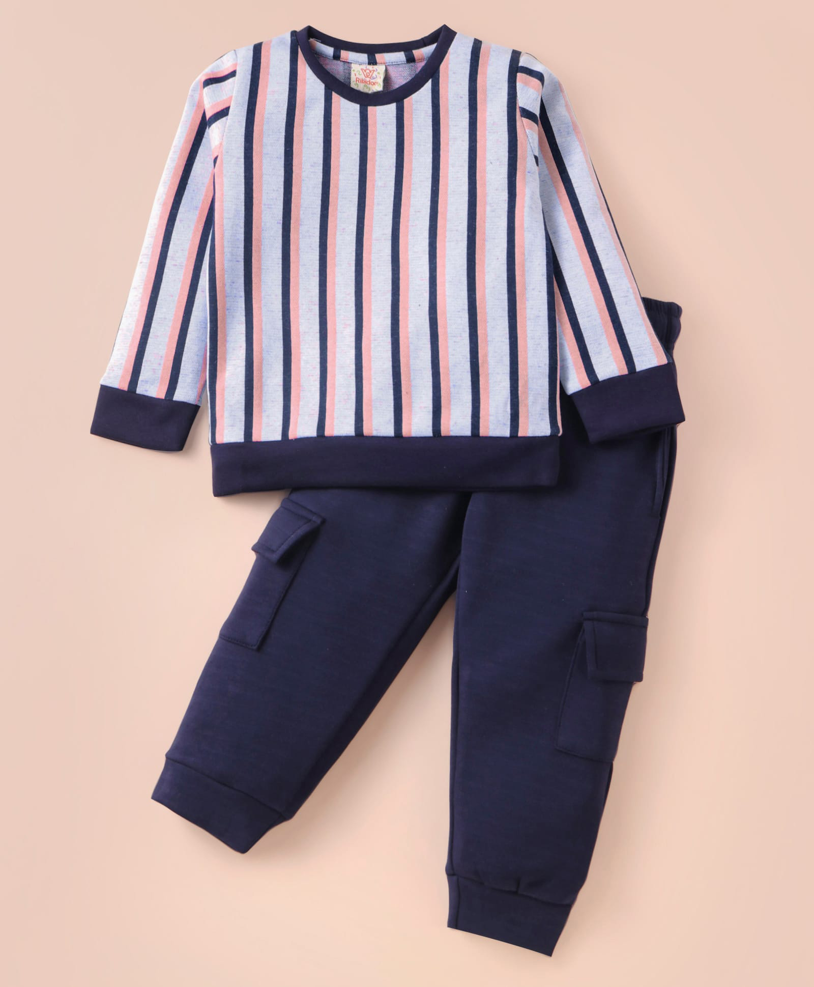 Rikidoos Full Sleeves Striped Sweatshirt With Joggers Set - Peach & Navy Blue-picture-16