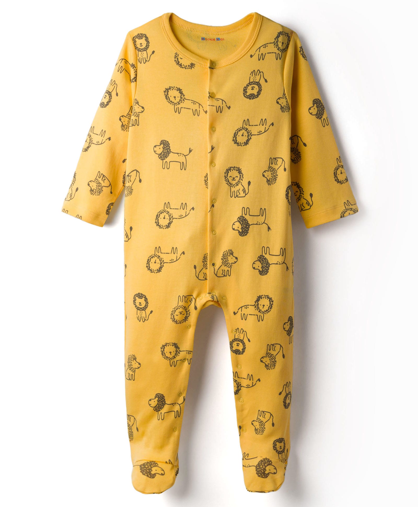 kookie kids india Kookie Kids Interlock Knit Full Sleeves Footed Front Open Sleep Suit with Animal Print - Yellow-picture-33
