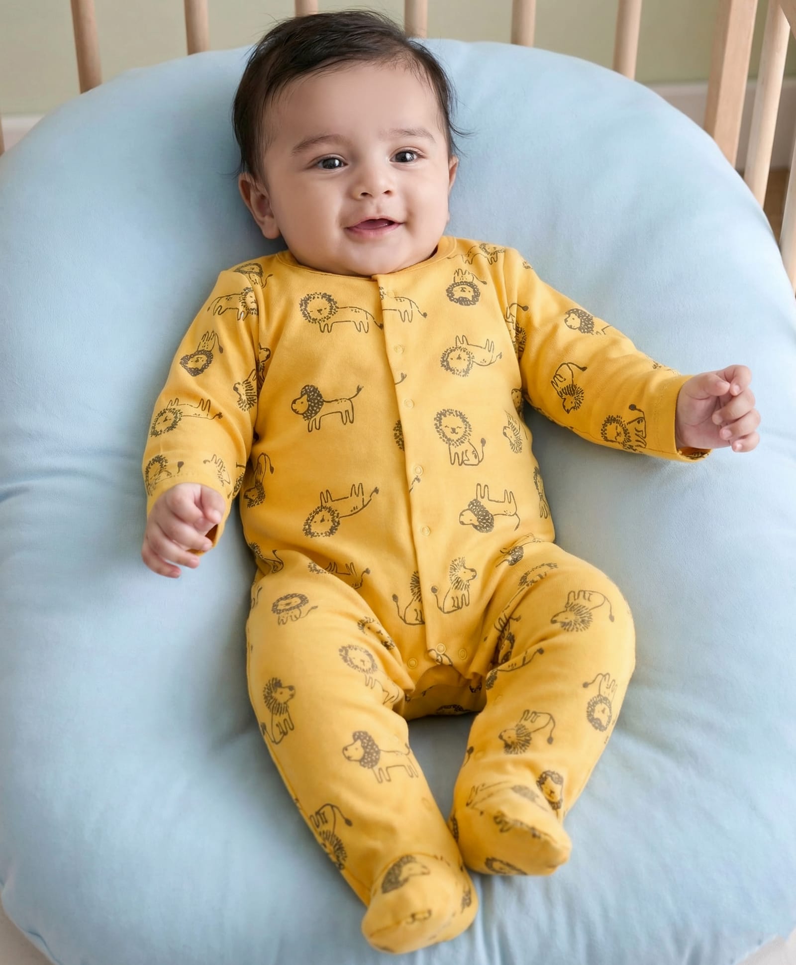 Kookie Kids Interlock Knit Full Sleeves Footed Front Open Sleep Suit with Animal Print - Yellow-image-8
