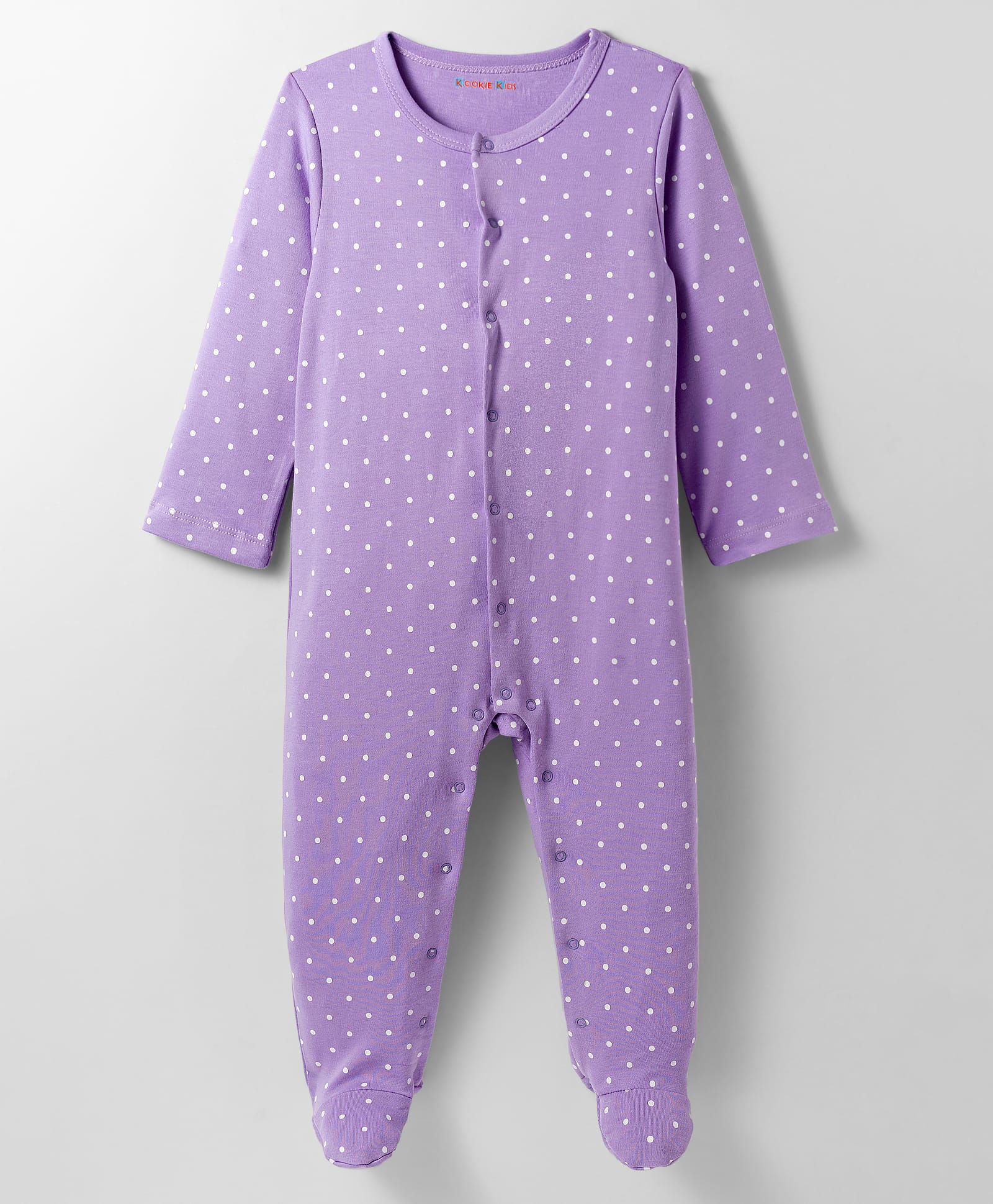 kookie kids india Kookie Kids Interlock Knit Full Sleeves Footed Sleepsuit With Polka Dot Print - Lilac-picture-17