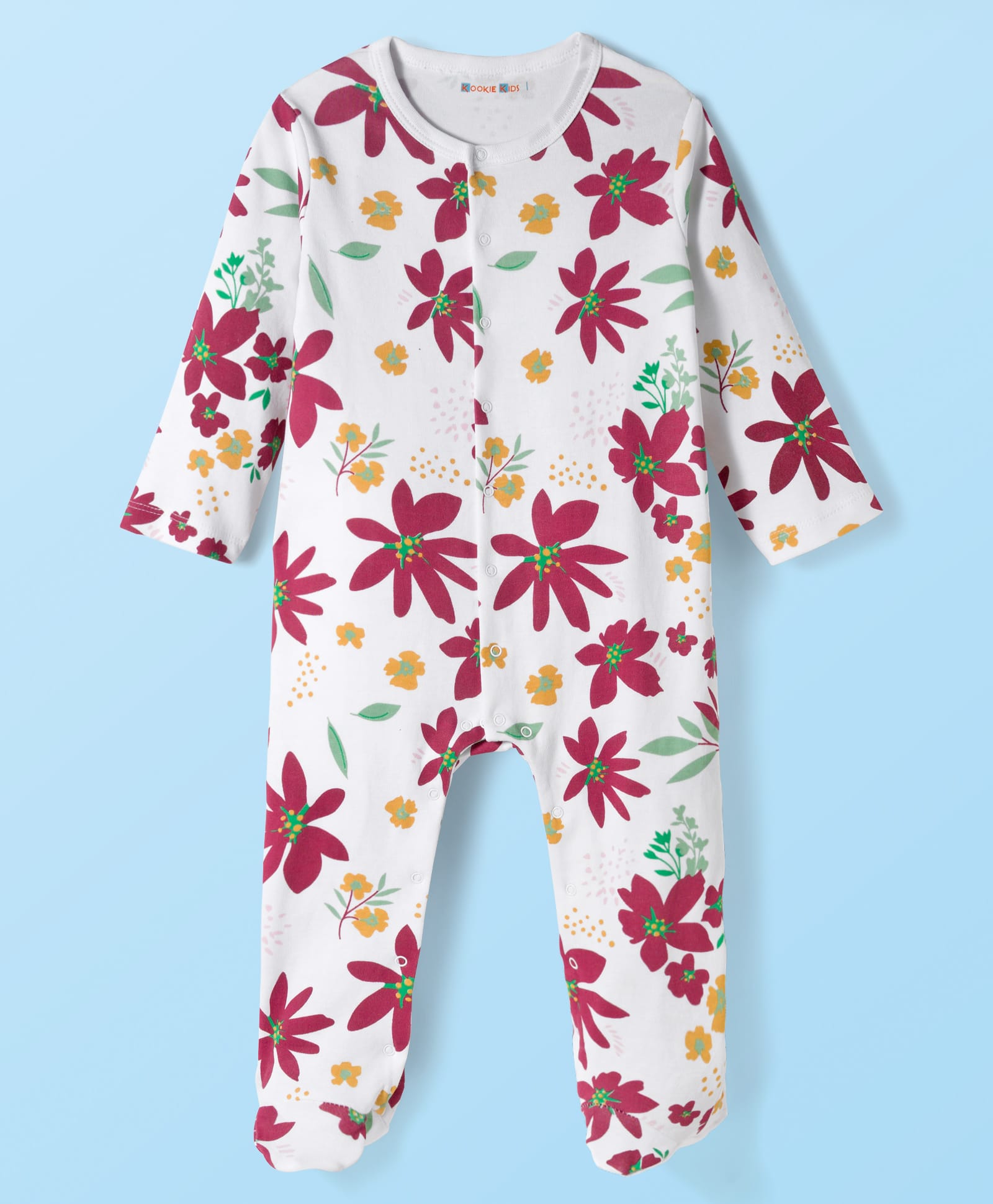 kookie kids india Kookie Kids Interlock Knit Full Sleeves Footed Sleepsuit With Floral Print - White-picture-36